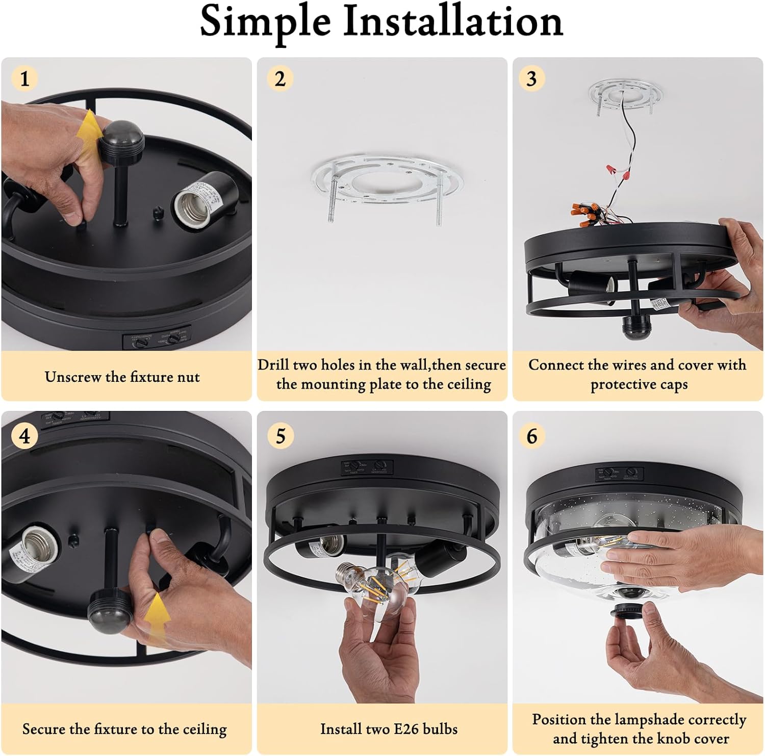 10.5Inch Outdoor Ceiling Light with Motion Sensor,2-Light Dusk to Dawn Porch Light,360° Detection,4 Lighting Modes, Farmhouse Flush Light Fixture with Seeded Glass for Porch, Garage, Entryway