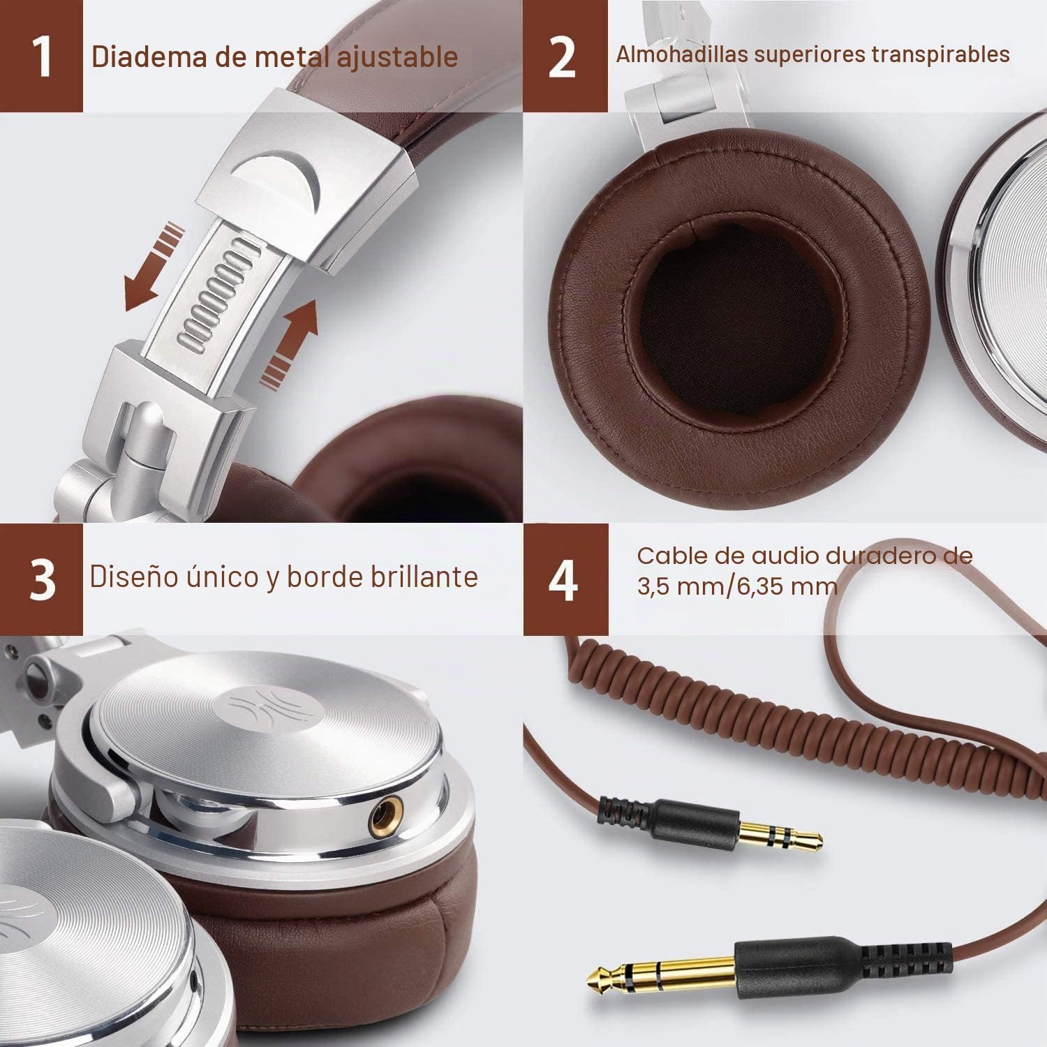 OneOdio Pro30 Auriculares DJ, Auriculares con Cable de Estudio, Estéreo de Alta Definición con Micrófono para Monitoreo Grabación y Mezclas, 50mm Controladores, Orejeras Proteicas, Plata y Marrón