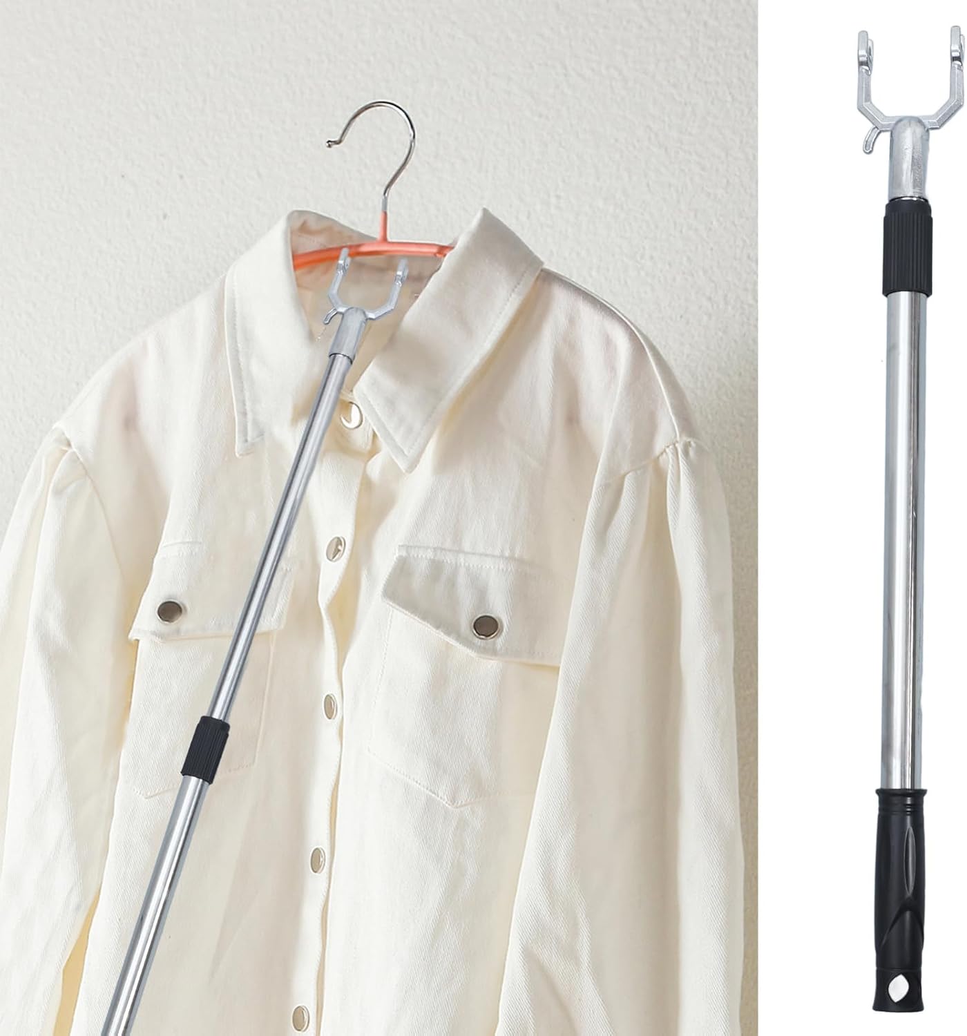 Telescopic Clothes Fork Reach Pole Adjustable Closet Rod for Hanging Clothes Curtains and Laundry Storage 22.24 in Extendable Ceiling Reach Rod