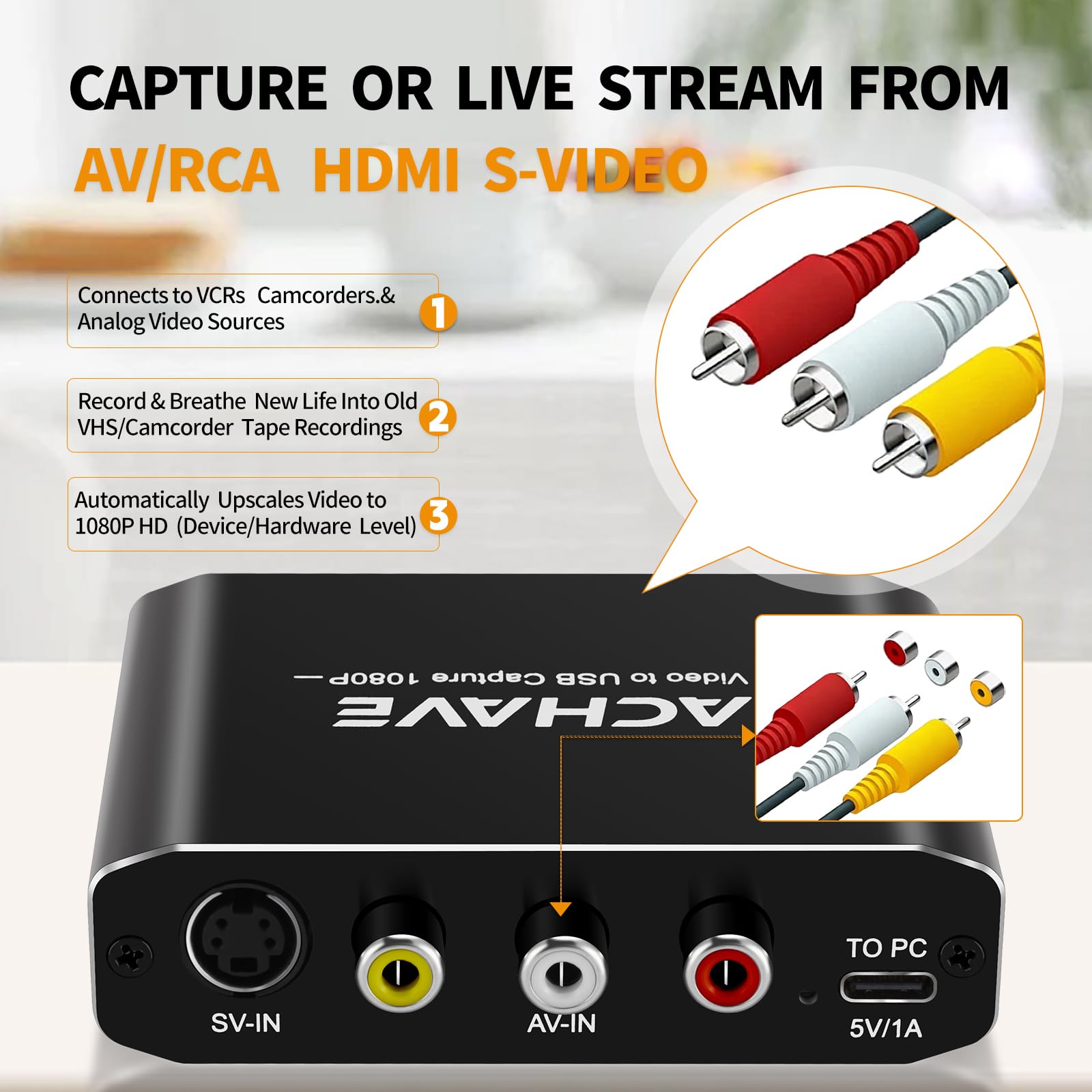ACHAVE Video-auf-USB-Audio-Videoaufnahme- und Live-Streaming-Gerät mit HDMI-Ausgang – Eingang HDMI, AV, RCA, S-Video, VCR, VHS, Camcorder, Video8, Hi8, DVD, Gaming-Systeme – USB-C Plug & Play