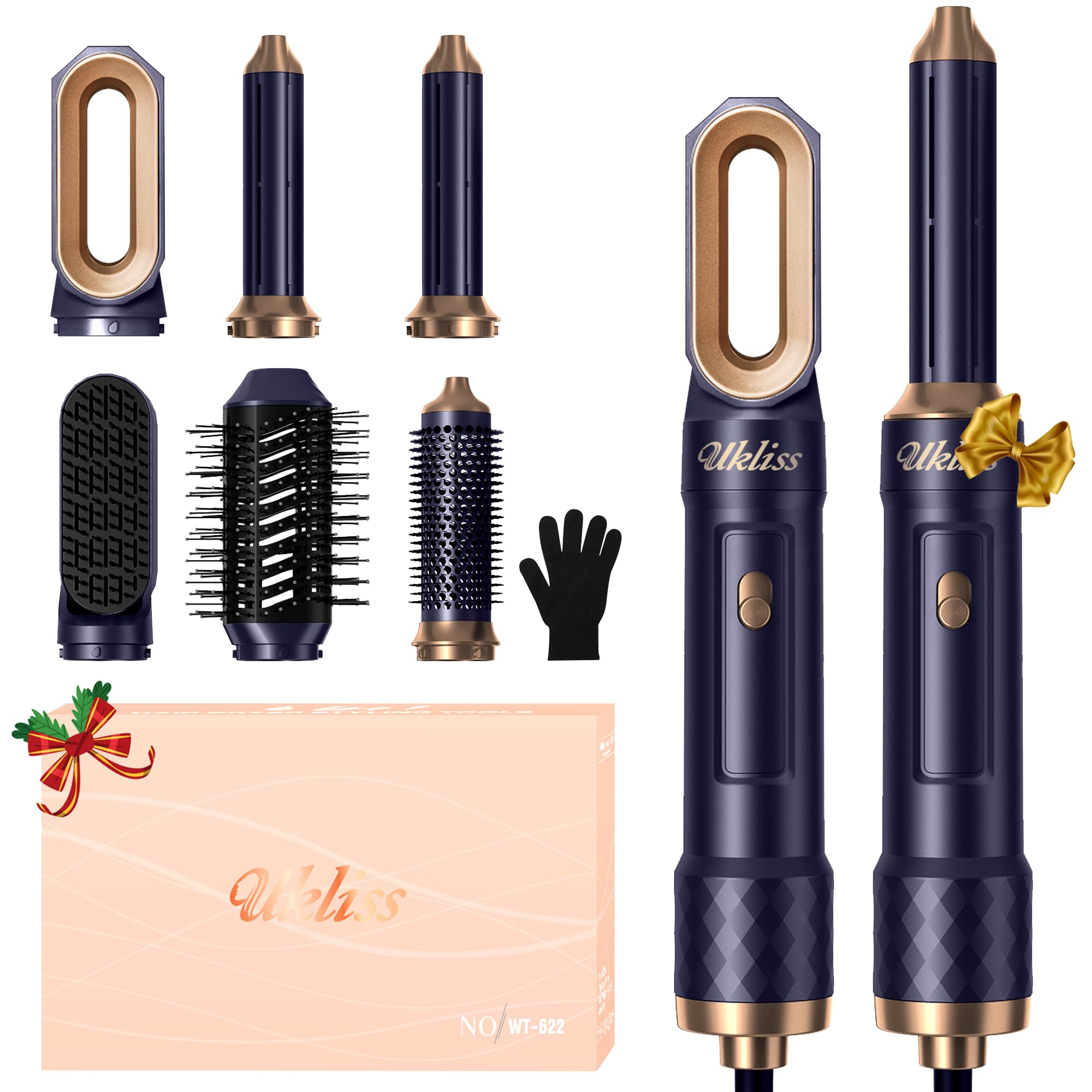 Spazzola Asciugacapelli 6 in 1, UKLISS Airstyler Set con Arricciacapelli Automatico, Hair Dryer, Spazzola ad Aria Calda, Thermal Brush, Spazzola Lisciante Capelli, Regali per Donne Styling - Blu