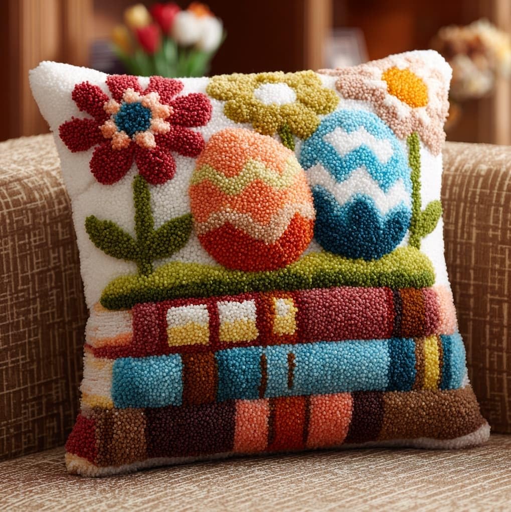 WallustrioaW Latch Hook Pillowcase Cushion Kits,Books and Easter Eggs,Latch Hook kit Cushion Throw Pillow Embroidery Craft for Beginner Hobby & Craft,17x17in