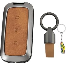 Leather Car Key Fob Cover Compatible with Geely Galaxy EX5 E5 E8 L6 L7 Max 2024 2025 Starry 8 E5 Proton Starship L7 2023 Accessories Zinc Alloy Key Fob Case Keyring Keychain 3 Buttons-C Brown