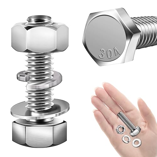 Mywish (8 Sets) 3/8-16x1-1/4 Hex Head Assorted Screws Nuts and Bolts with Flat & Lock Washers, 304 Stainless Steel 18-8, Fully Threaded, 3/8 Bolt Metric Bolt Assortment