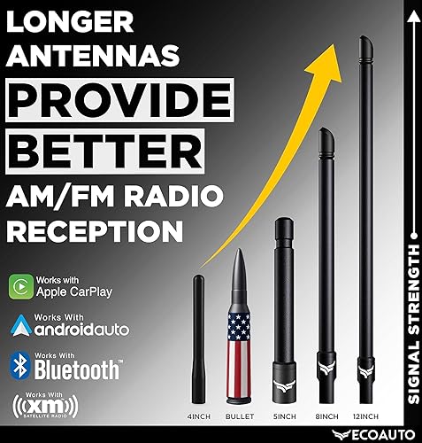 Miniatura 8 de EcoAuto Badass Bullet Antenna para Jeep Wrangler JKJL (2007+) y Gladiator - Antena antirrobo y duradera para camión - Accesorio Jeep (bandera