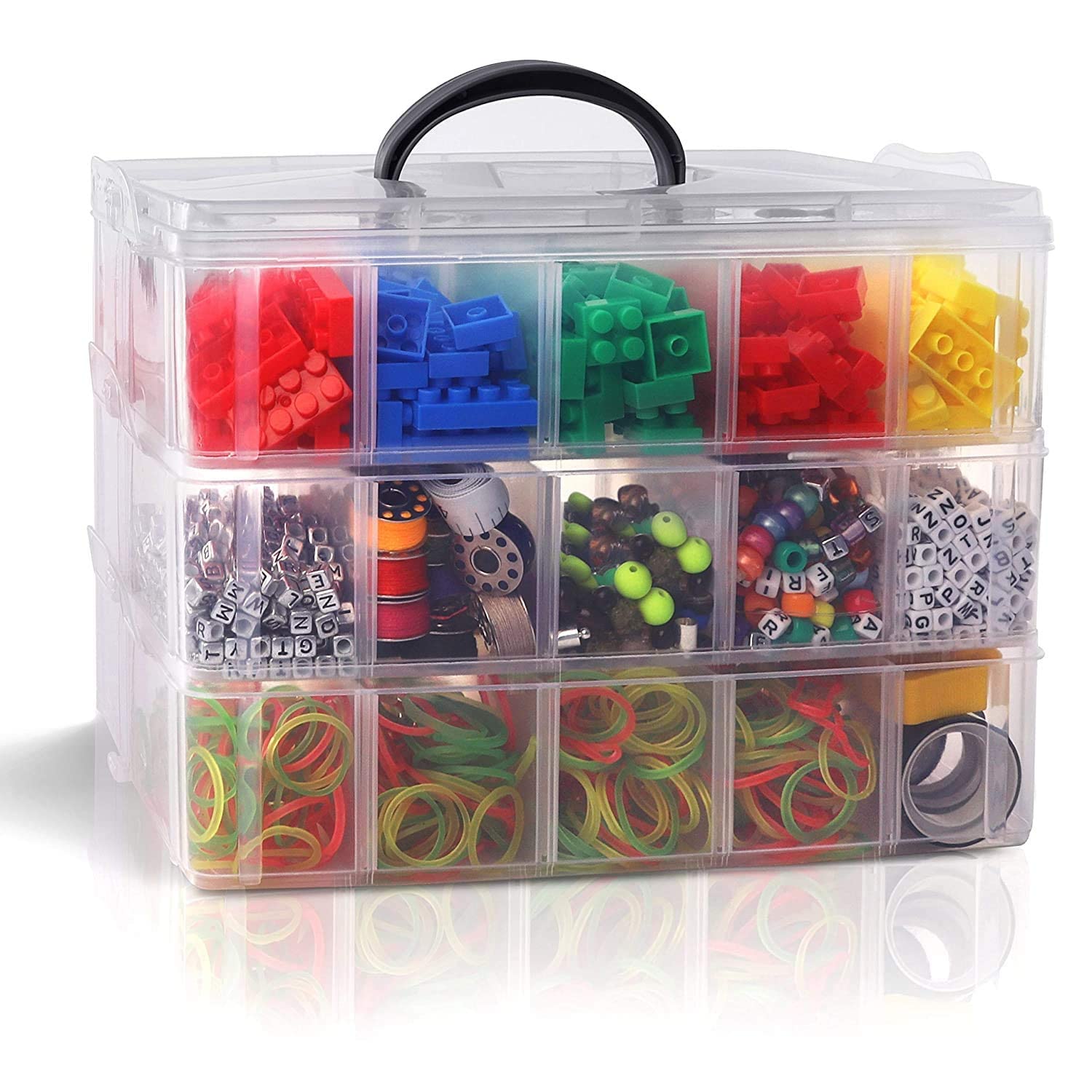 Organiseur de rangement blanc à 3 couches et 30 compartiments en plastique transparent pour bijoux, accessoires d'artisanat, utilisation polyvalente, boîte de rangement avec séparateurs