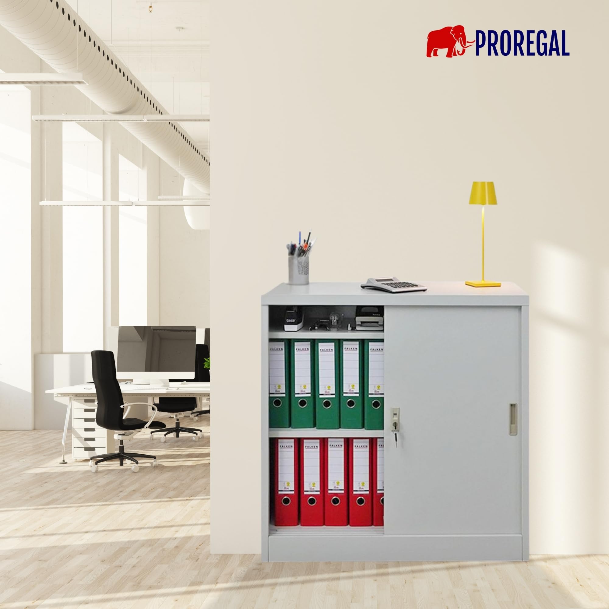 PROREGAL Aktenschrank Elephant mit abschließbaren Schiebetüren | HxBxT 90x90x40cm | 2 Fachböden | Lichtgrau | Metallschrank abschließbar Lagerschrank Ordnerschrank Büroschrank