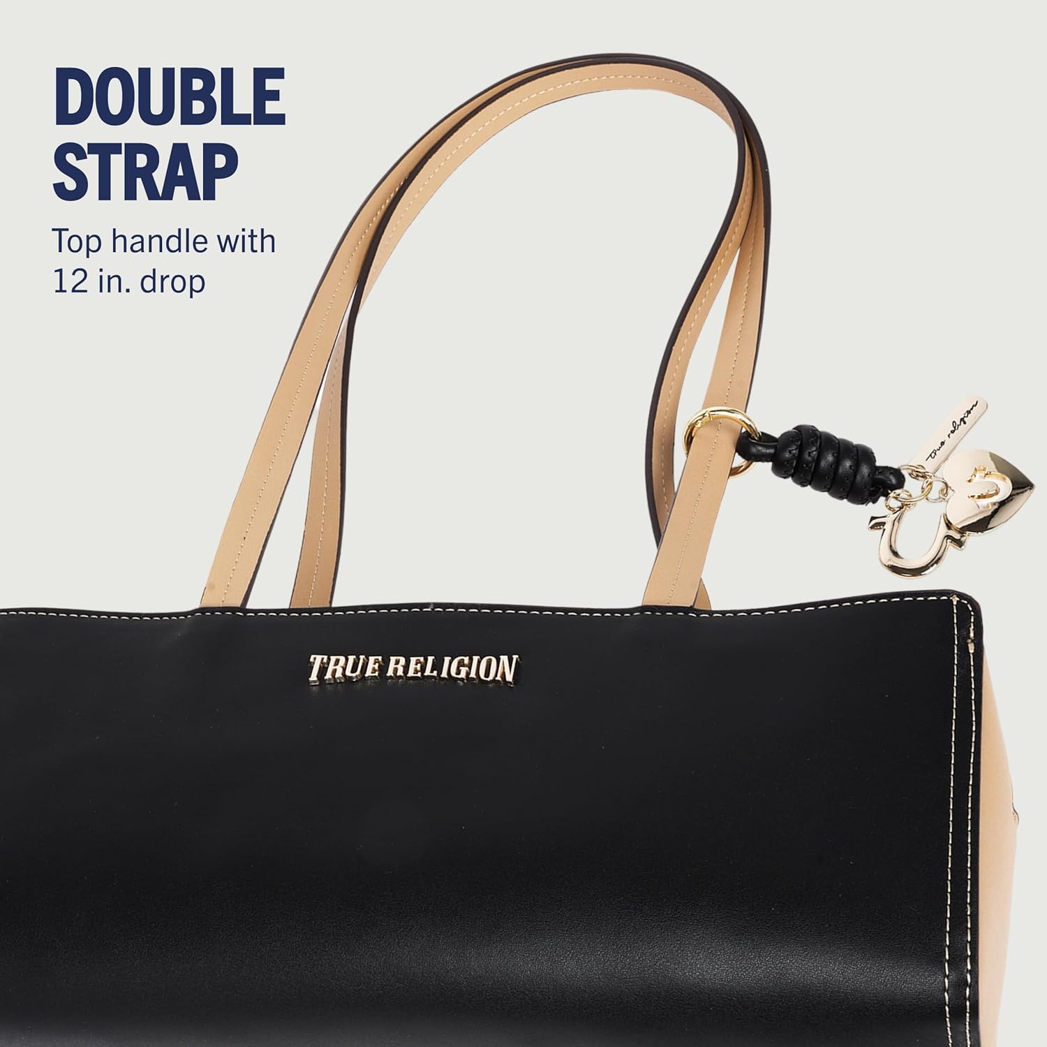 True Religion Satchel Bag, East/West Modern Structured Purse with Dual Shoulder Straps, Logo Charm and Gold Hardware