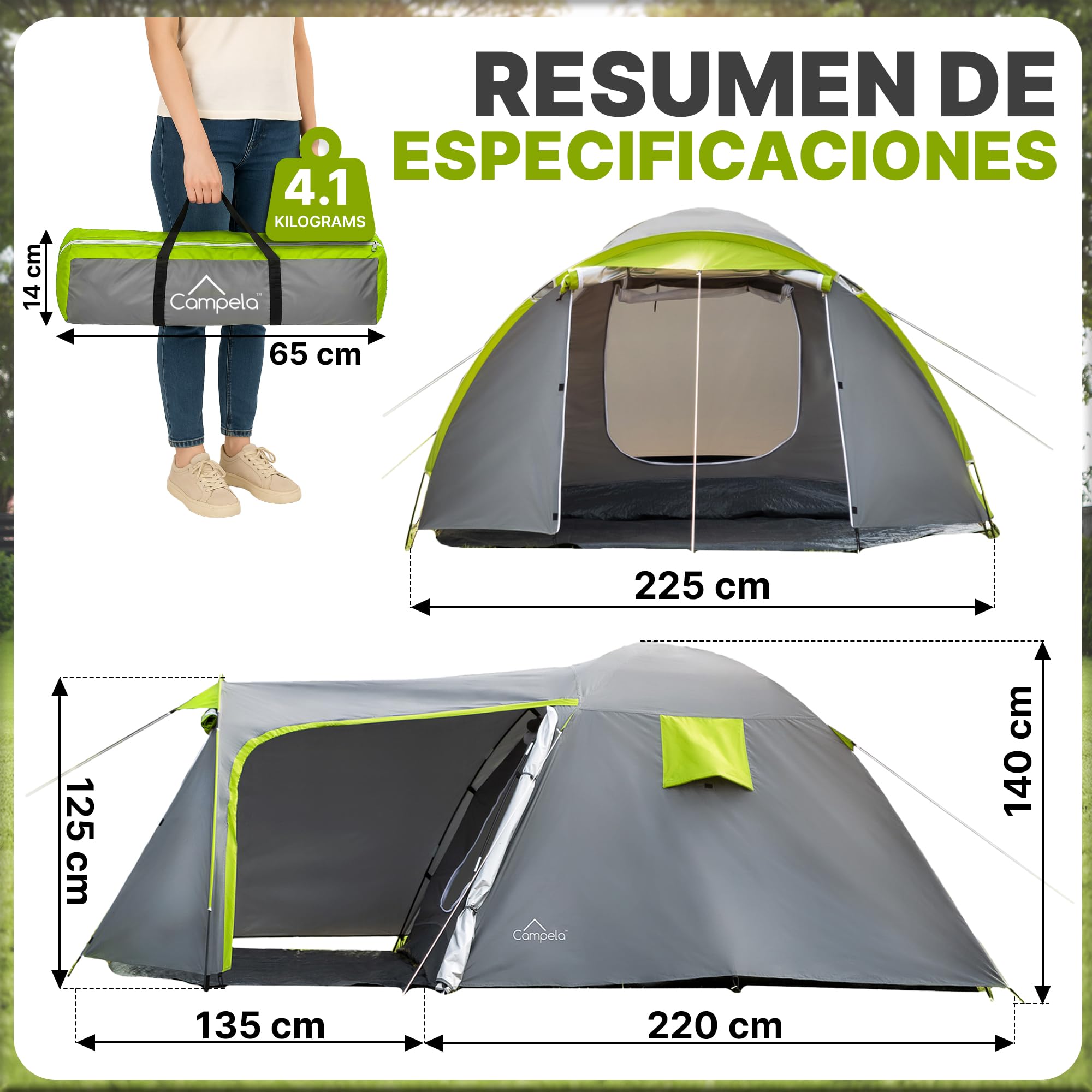 Tienda de Campaña, Tienda campaña Familiar - Tienda de campaña 4 Personas, Modelo Tropical-4", Impermeable 3000m, Costuras Selladas, CA0013