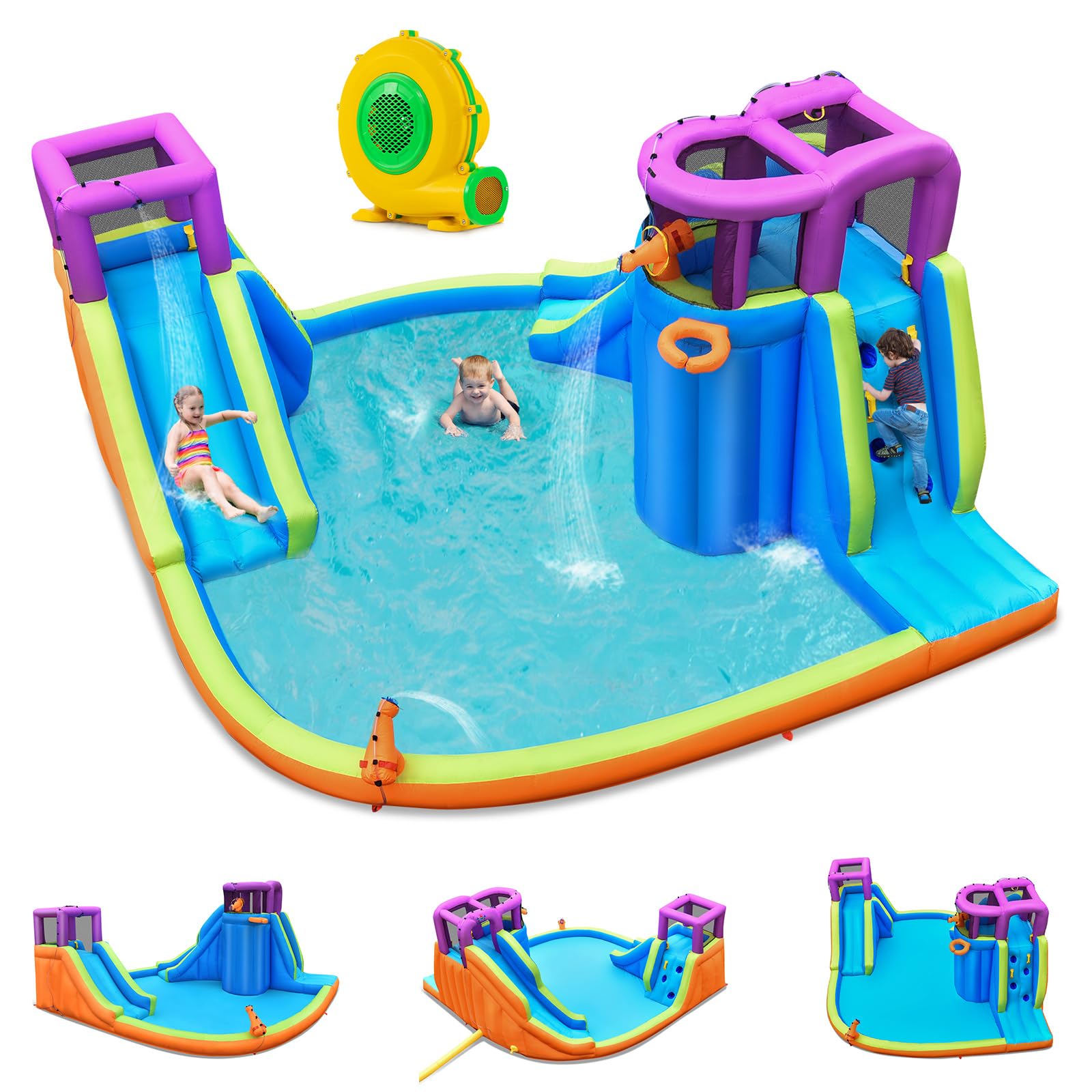 GOPLUS Château Gonflable Exterieur Enfant avec Double Toboggan, Pistolet à Eau, Mur d'escalade, Panier de Basket, Balle, avec Piscine d'Éclaboussures pour Enfants (Violet+ Gonfleur 950W)