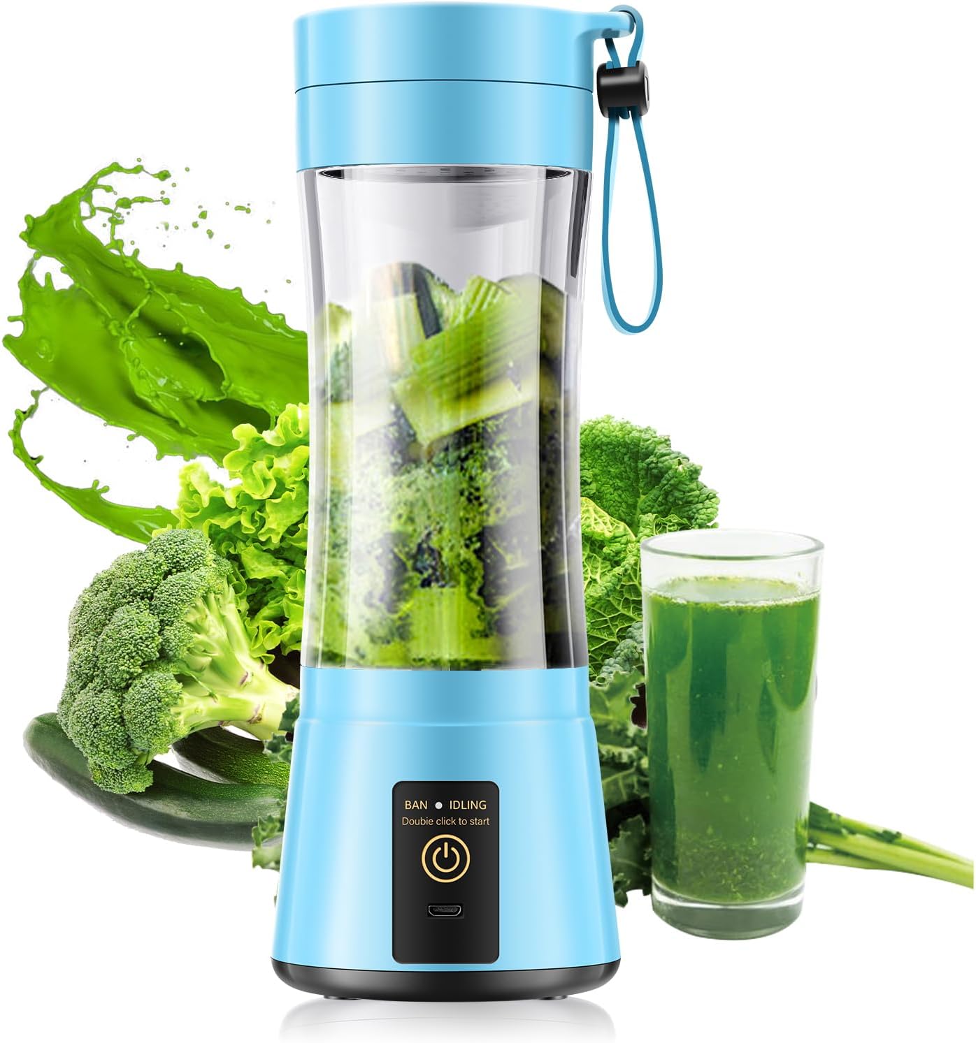 Mélangeur portable pour smoothies et shakes - Blender personnel sans fil avec 380 ml de tasse de voyage sans BPA, 6 lames en acier inoxydable pour un mélange puissant, costume pour le sport / voyage / maison