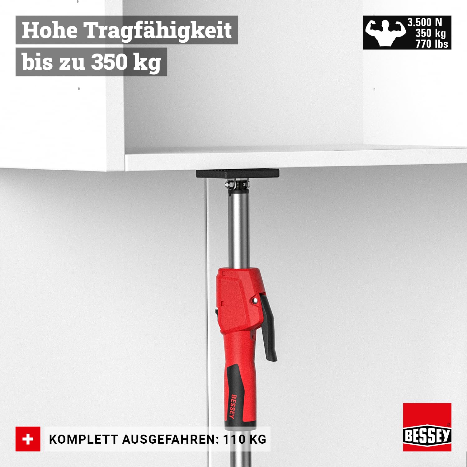 BESSEY Decken- und Montagestütze STE90 mit Pumpgriff, Verstellweg 575-910 mm, äußerst stabile Konstruktion durch hochbelastbare Stahlrohre, Einhandbedienung, Gewicht 1,80 kg