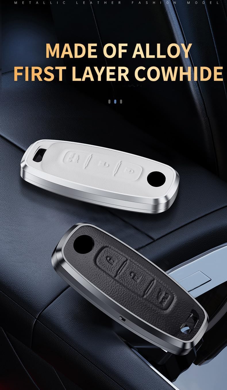 3-Button Key Fob Cover Leather Key Holder Aluminum alloy Key Bag Fit for Nissan Rogue X-Trail Versa Kicks Ariya