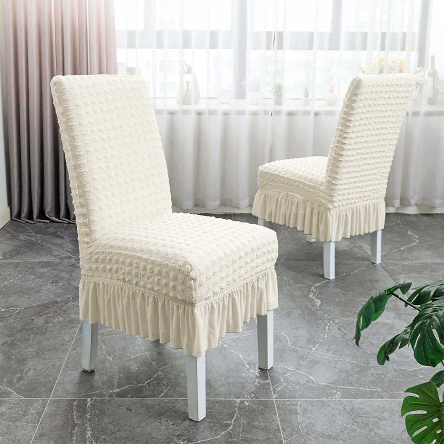 Dining Chair Cover, Seersucker Chair Covers for Dining Chairs with Skirt Set of 2/4/6, Stretch Dining Chair Slipcovers, Washable Furniture Protector for Home Banquet Party Wedding(White,2PCS)