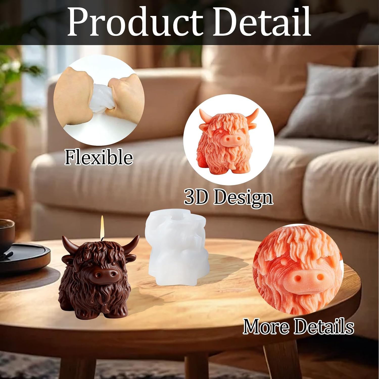 logohu Highland Cow Silicone Mold for Candles, 3D Animal Cylinder Candle Molds for Candle Making, Resin Casting Molds for Chocolate Soap Clay Wax DIY Craft Supplies