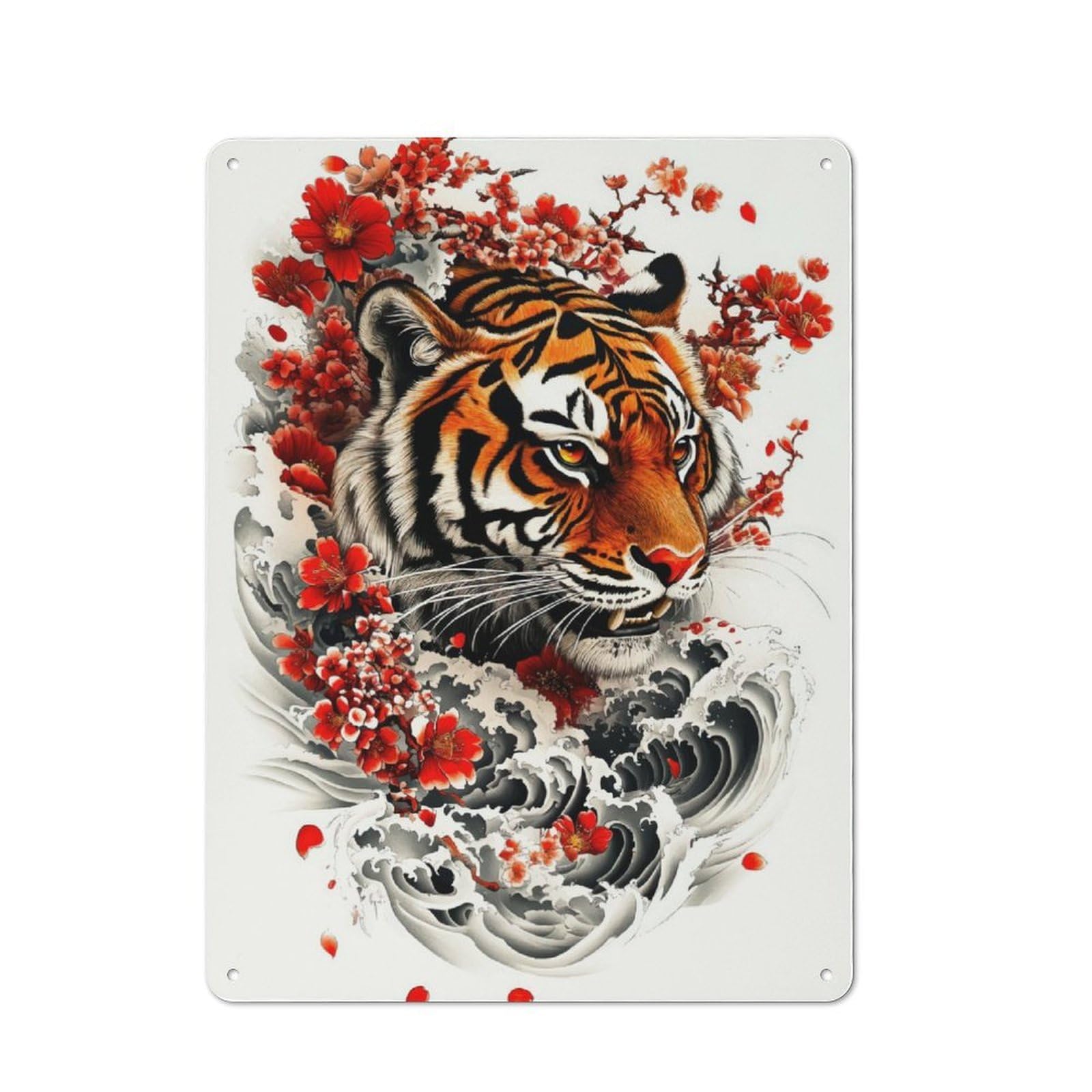 Junmoney Tiger With Cherry Blossoms Classic Tin Sign 40X30cm, Classic Pub Decor For Cafe, Pub, Workshop Or Home Bar, Small Accent For Blank Walls