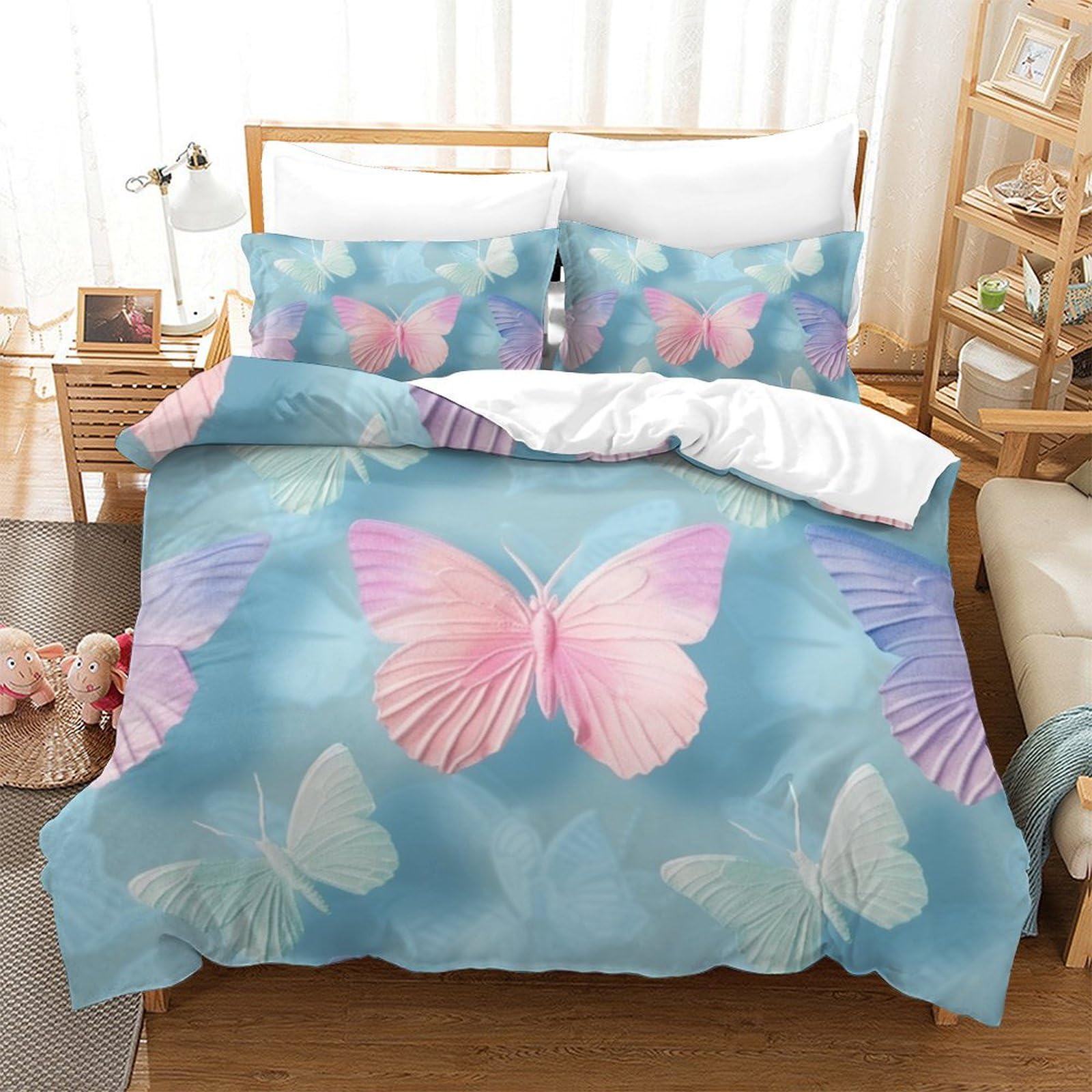 Housse de couette papillons 3D 3 pièces microfibre anti-plis lit 260x220 cm avec zip