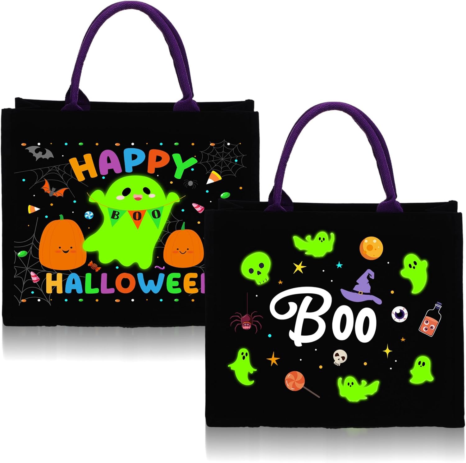 2ピース ハロウィン キャンバス キャンディ トートバッグ ハンドル付き 暗闇で光る Happy Halloween Ghosts