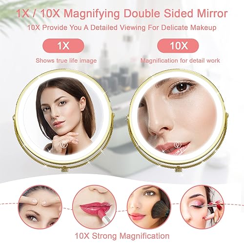 Miniatura 2 de AMZTOLIFE Crystal Diamonds - Espejo de maquillaje LED dorado con luces, espejo de tocador iluminado con aumento 10X, espejo de mesa con diamantes de