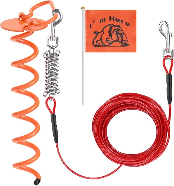 Pawaboo Dog Tie Out Cable & Stake Kit, 33FT Dog Runner Cable, Rustproof Dog Yard Leash with Stake + Flag, Outdoor Ground Spiral Anchor, Sturdy Dog Chain Leash with Swivel Ring for Yard and Camping