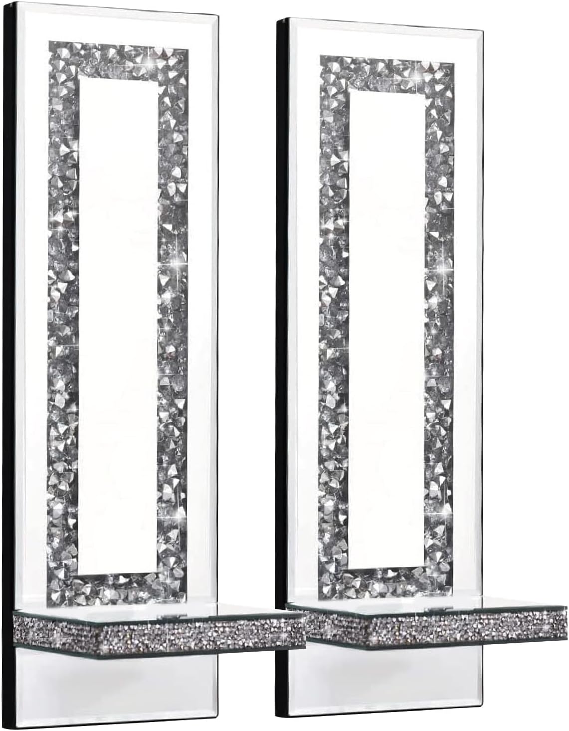 Wall Candle Sconces Set of 2, Crystal Crush Diamond Silver Wall Candle Holder, Glass Candle Holder Decorations for Home Decor, Bathroom, Dining Room & Bedroom (Rectangle Mirror, Silver Diamond)