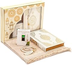 ihvan online Prayer Gift Box for Hajj and Umrah, Muslim Prayer Rug, Islamic Mat, 99 Pearly Prayer Beads Tesbih, Holy Quran, Islamic Deluxe Set for Ramadan & Eid Gift, White/Set 2