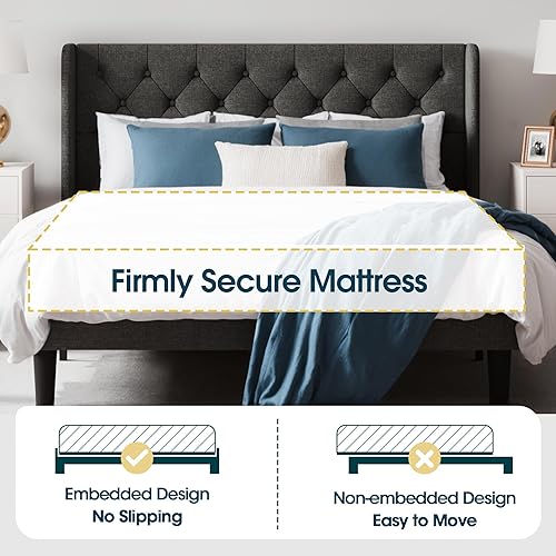 Miniatura 6 de WEEWAY Base de cama tapizada tamaño Queen con cabecera copetuda con respaldo de alas, plataforma moderna con soporte de listones de madera, fácil