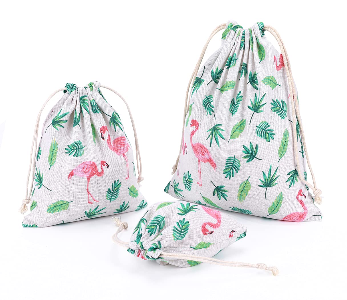 Amoyie Flamingo 3 Cotton Drawstring Bag 3Pcs, Kids Storage Bag, Fabric Organiser Pouch