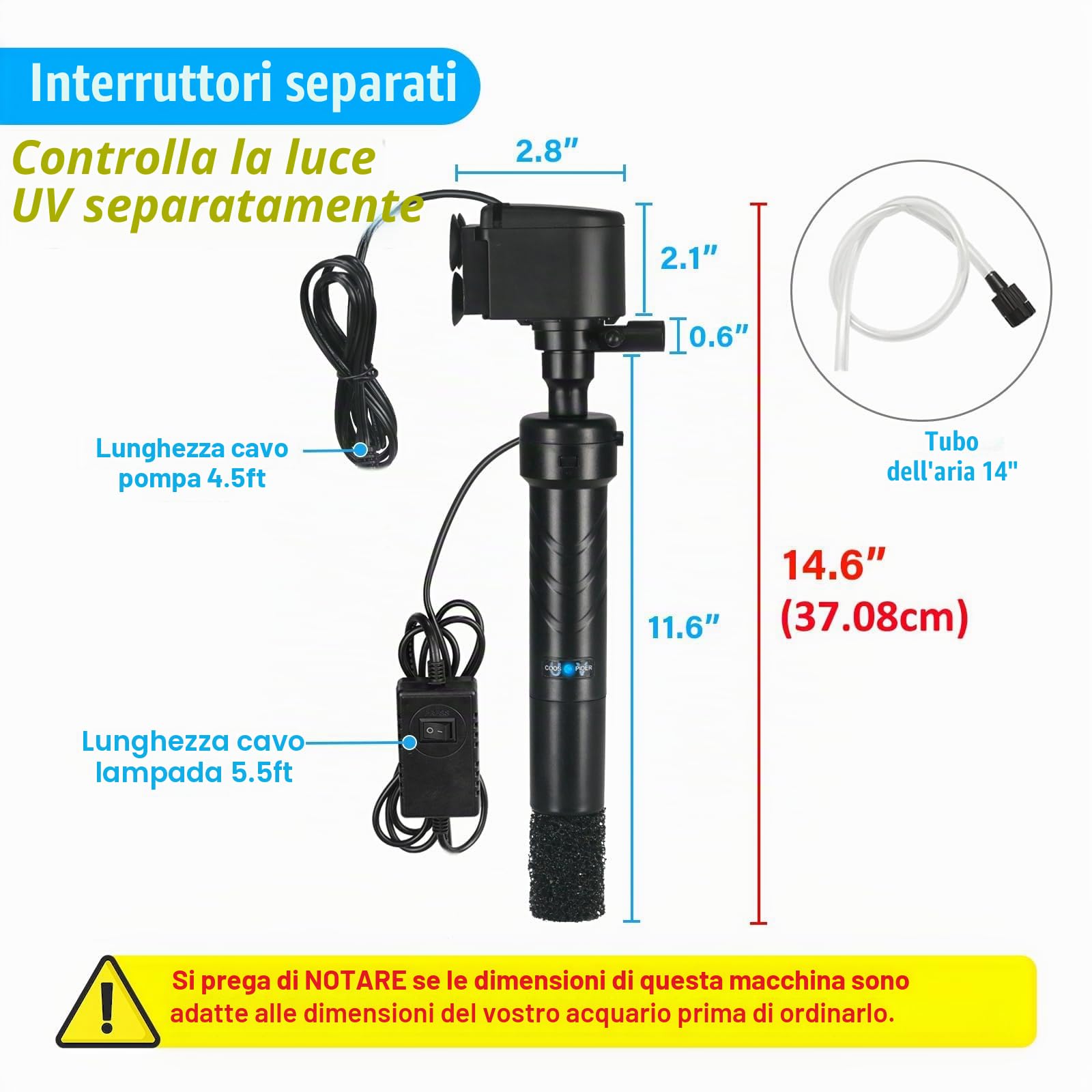 Pompa filtro U-V per acquario da 150 – 380 L, 5 W, antialghe, chiarificatore U-V, 1200 l/h, cristallina, acqua fredda, pesci tropicali