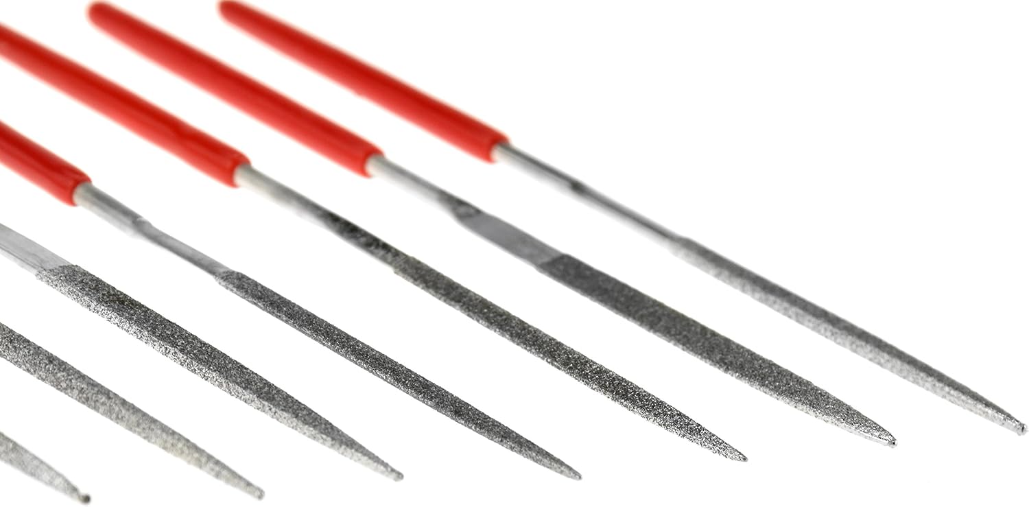 SE 73810DF 10-Piece Mini Diamond Needle File Set, 150 Grit - Assorted Shapes, 3-1/4" Length - Ideal for Jewelers, Wood, Stone, Glass, Gemstones