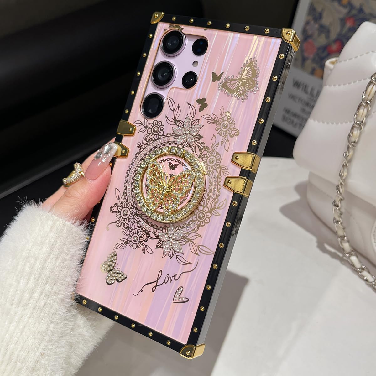 AuroiCYY for Samsung Galaxy S25 Ultra Case with Kickstand, Foldable Butterfly Woman Girly Bling Diamond Mirror Back Golden Plated Shockproof Corners Protection Elegant Cute Cover (Aurora Pink) - Image 4