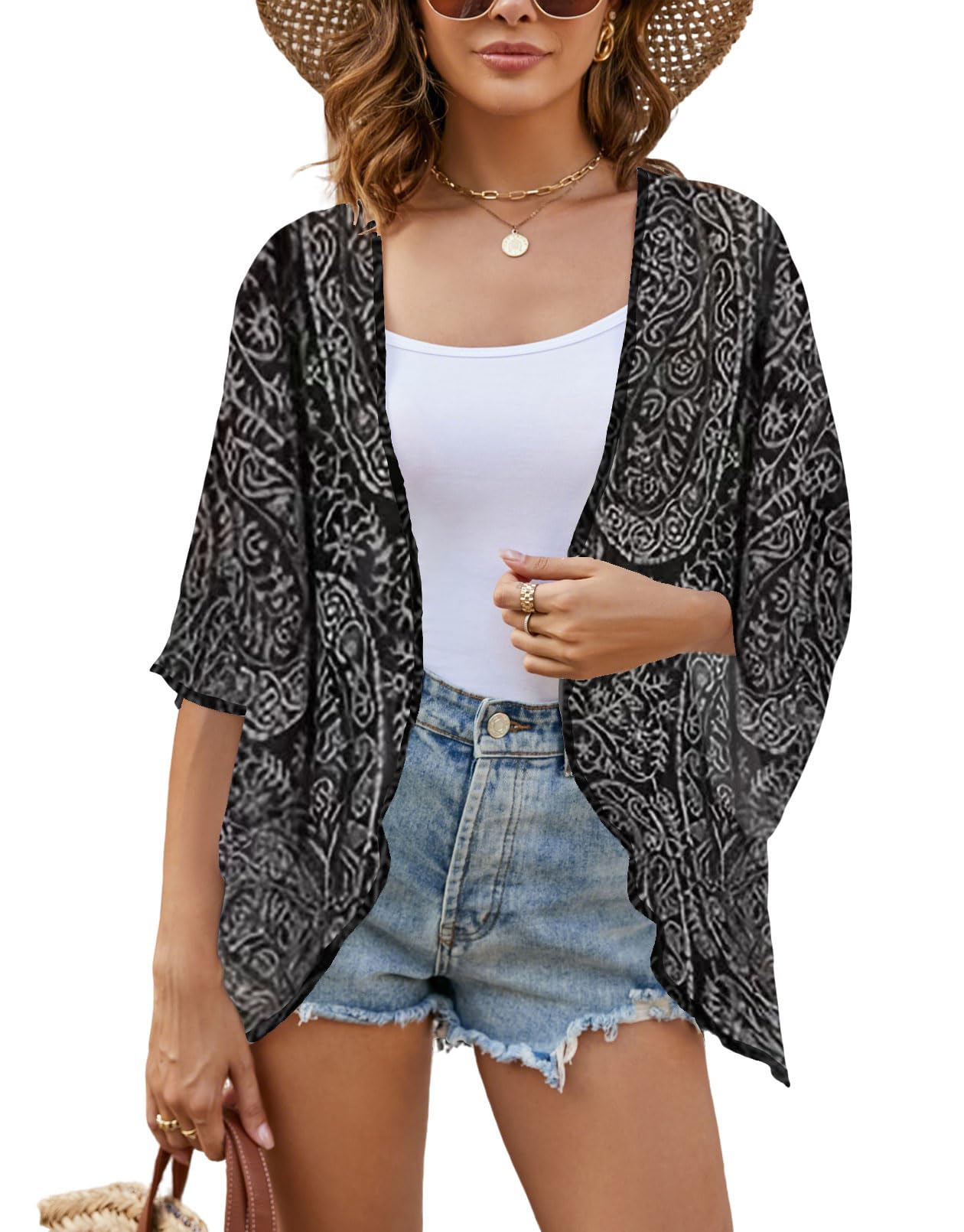Heynino Womens Chiffon Kimono Cover Up Lightweight Cardigan Blouse Tops Shawl Capes Black 2XL