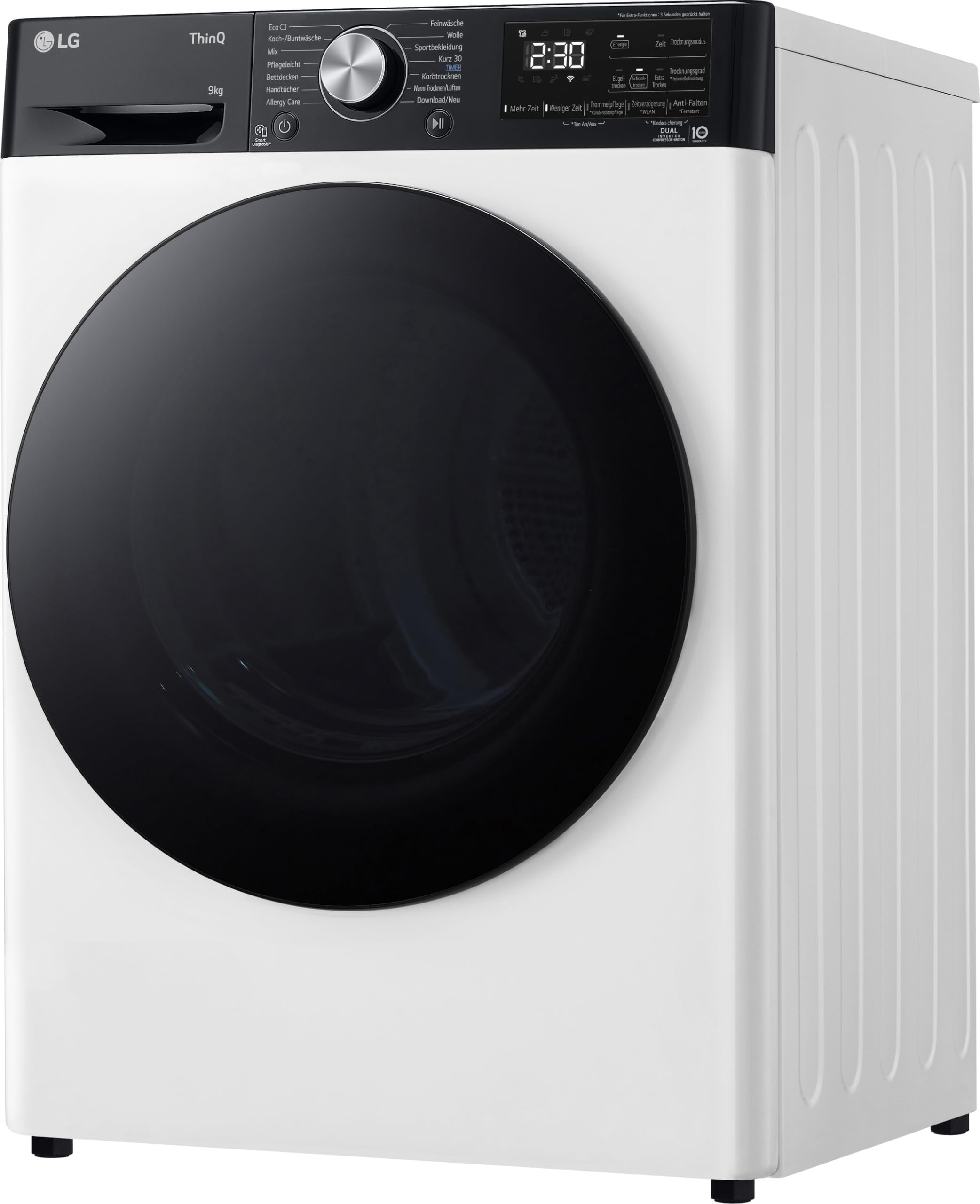 LG RT90V9P Wärmepumpentrockner – 9 kg Kapazität, Dual Inverter Technologie, Automatisch selbstreinigender Kondensator, Sensor Dry, Allergy Care, Reversive Trommel, Smart Diagnosis, ThinQ App, Weiß