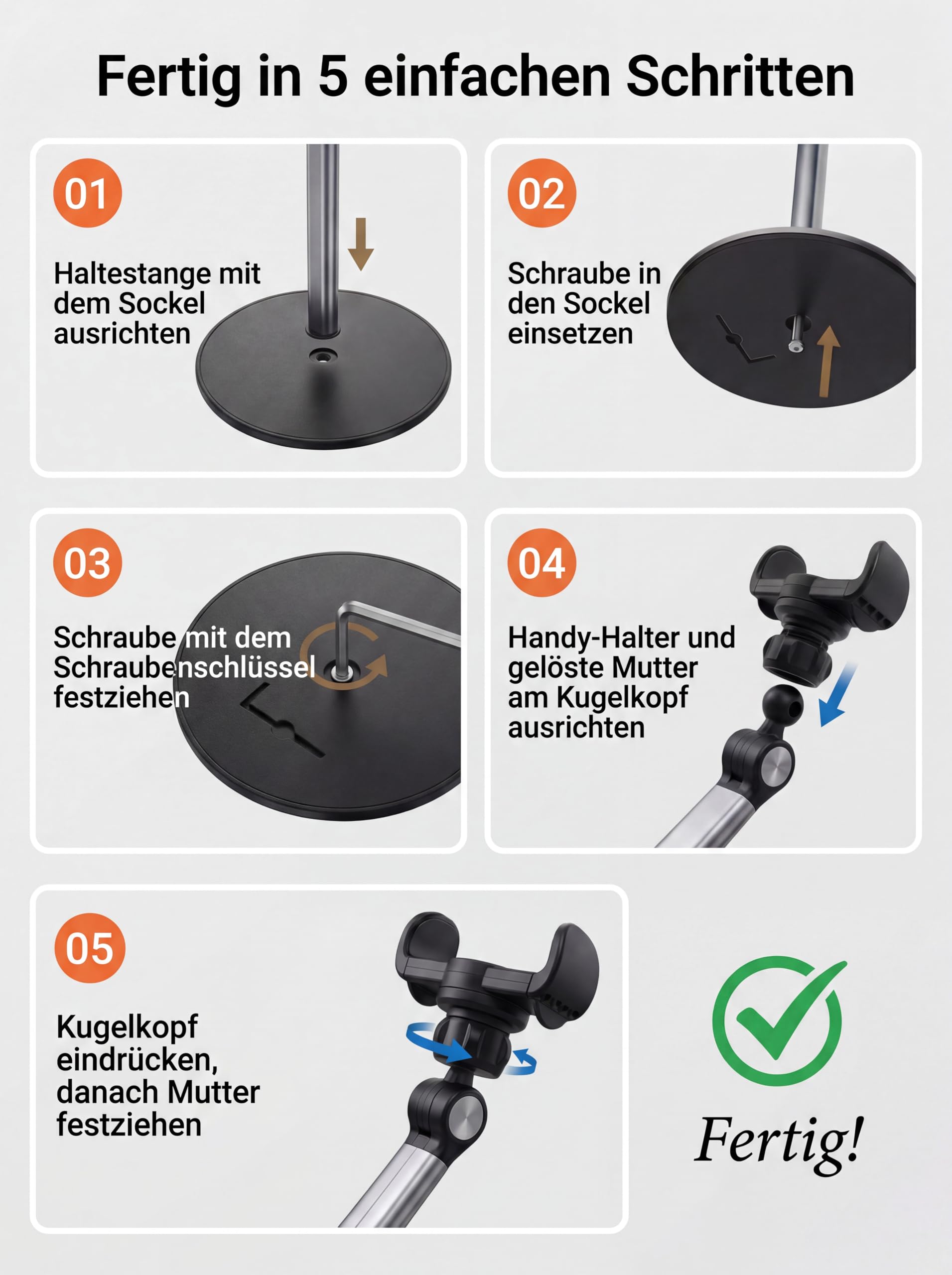 Overhead Stativ Handy mit Teleskoparm, Schweres Aluminium Tischstativ für Smartphone (28-81 cm Höhenverstellbar), 360° Drehbarer Handyhalter Tisch für Videoaufnahmen, Live-Streaming, Kochen & Zeichnen