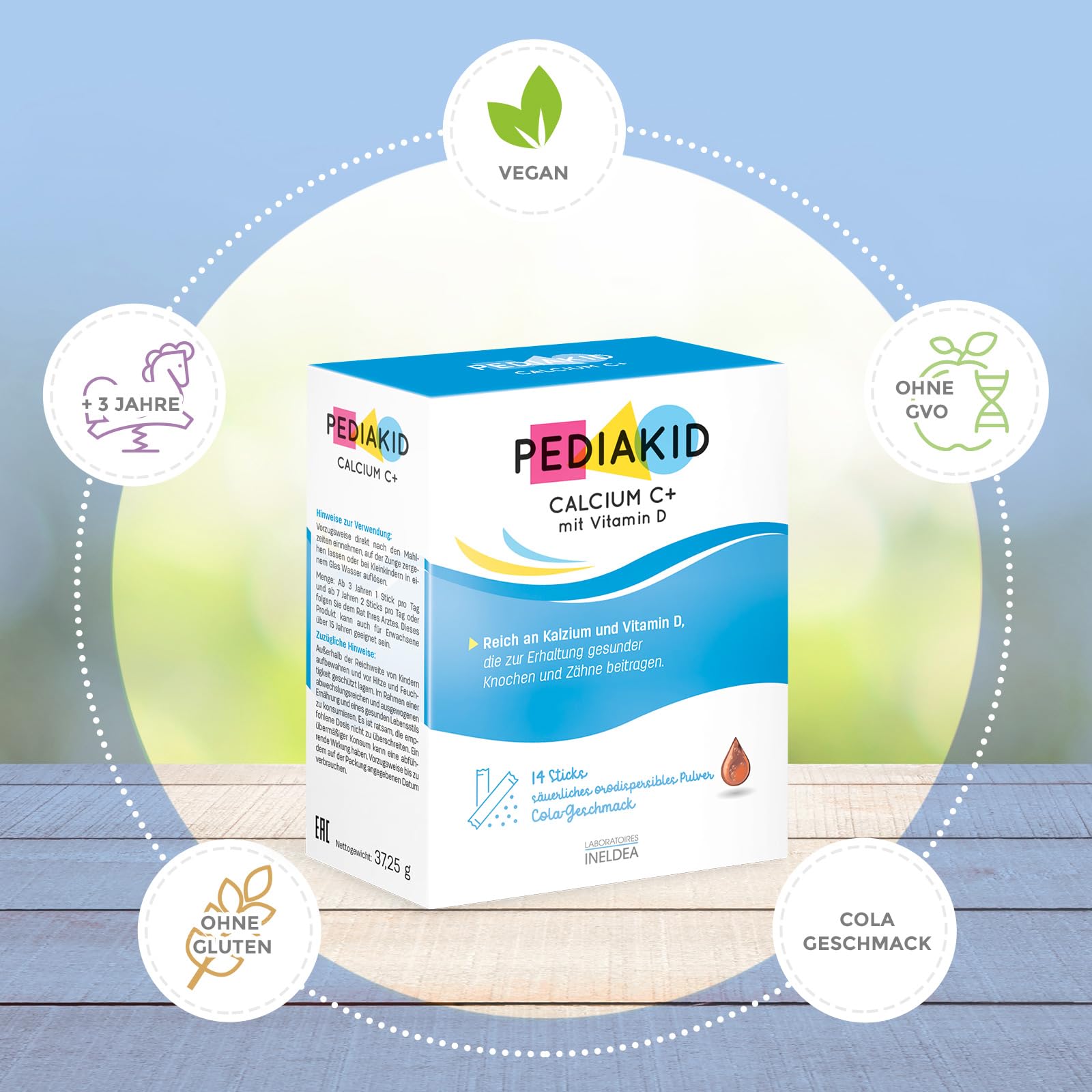 PEDIAKID - CALCIUM C+ mit Vitamin D - Deckt 100% der RDA für Kalzium ab - Knochenerhalt- Geeignet für Kinder mit Laktoseintoleranz oder Milchallergie - 3 Etui mit 14 Sticks