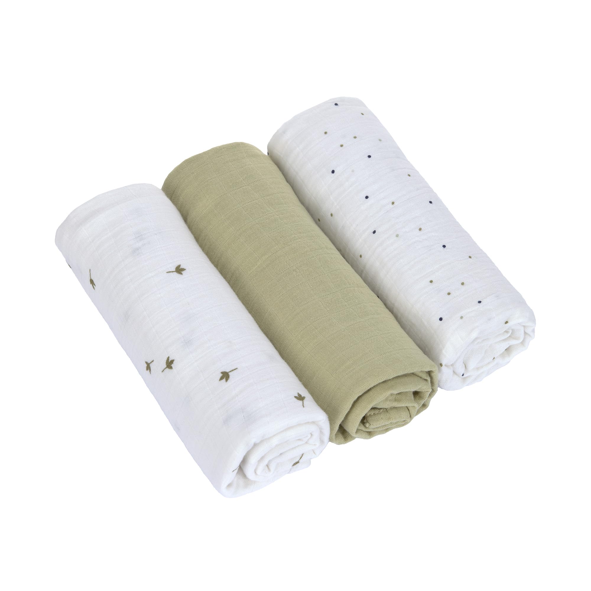 Lässig Baby Blanket for Childcare Set of 3 Cotton 85 x 85 cm/Swaddle & Burp Blanket L Leave Olive