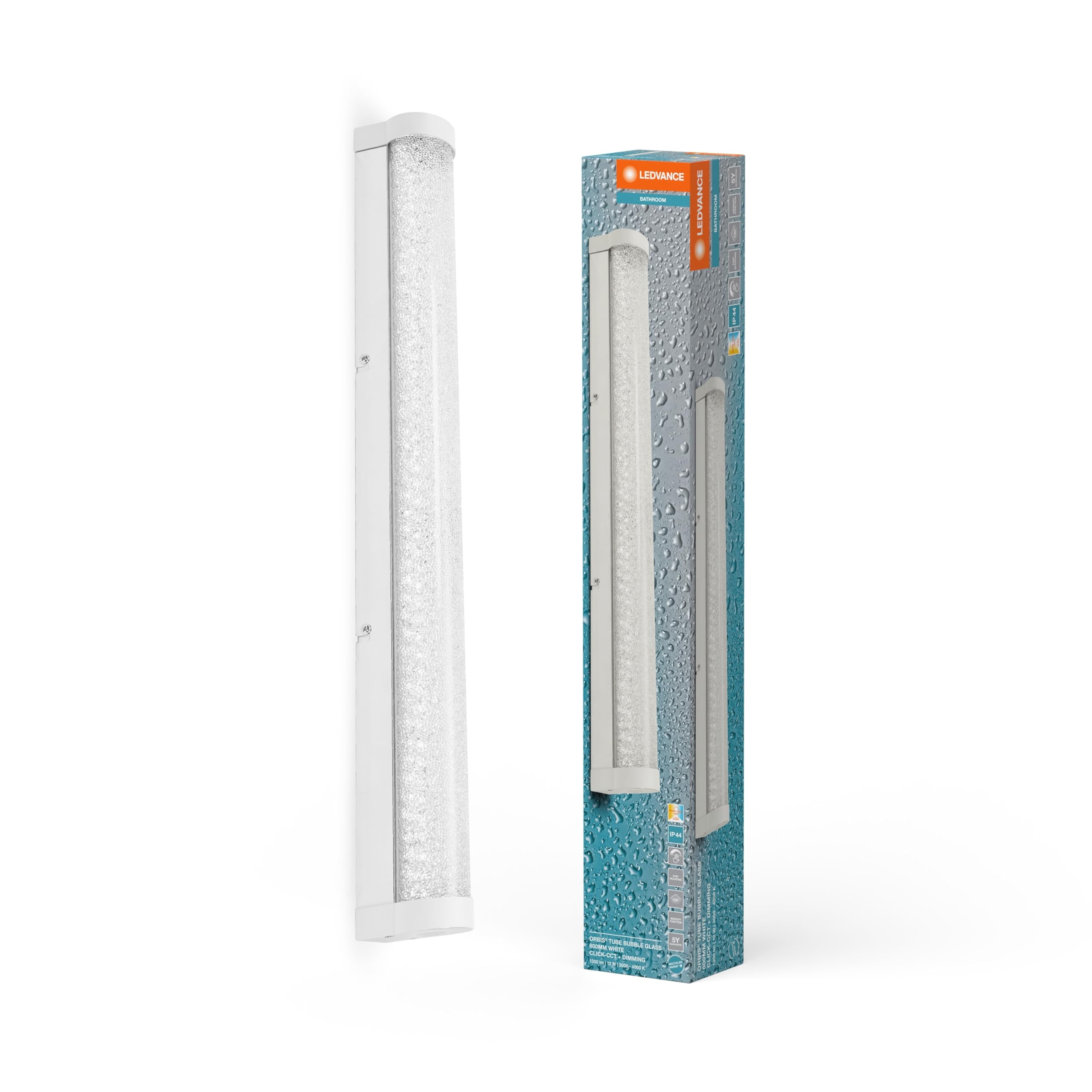 LEDVANCE ORBIS LED Tube Spiegel-/Wandleuchte, White, Glas mit Blaseneffekt, 12W, 1200lm, Dimbar, 3000/4000K über Wandschalter einstellbar, 60 cm Durchmesser, IP44 Schutz VOR Fremdkörpern/Spritzwasser