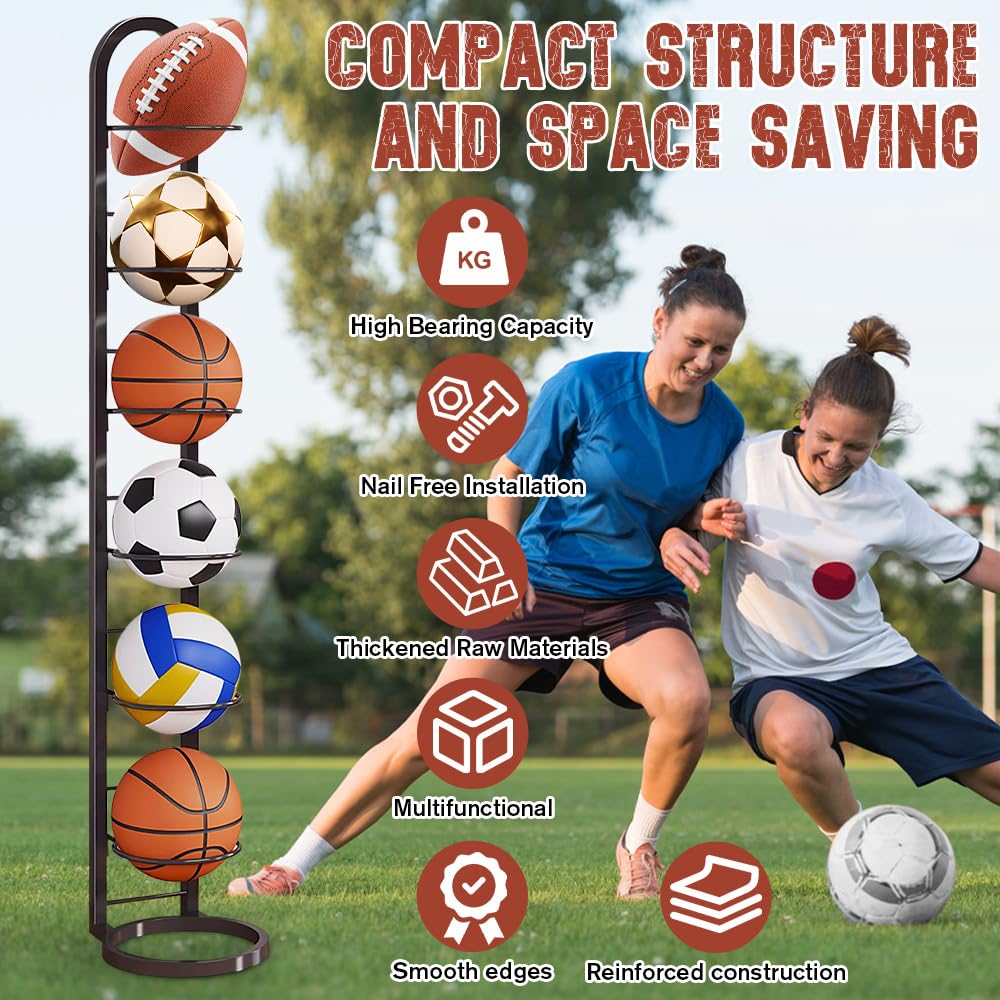 Support Ballon Basket Vertical 6 Niveaux, Range-Ballons Amovible pour Basketball Football