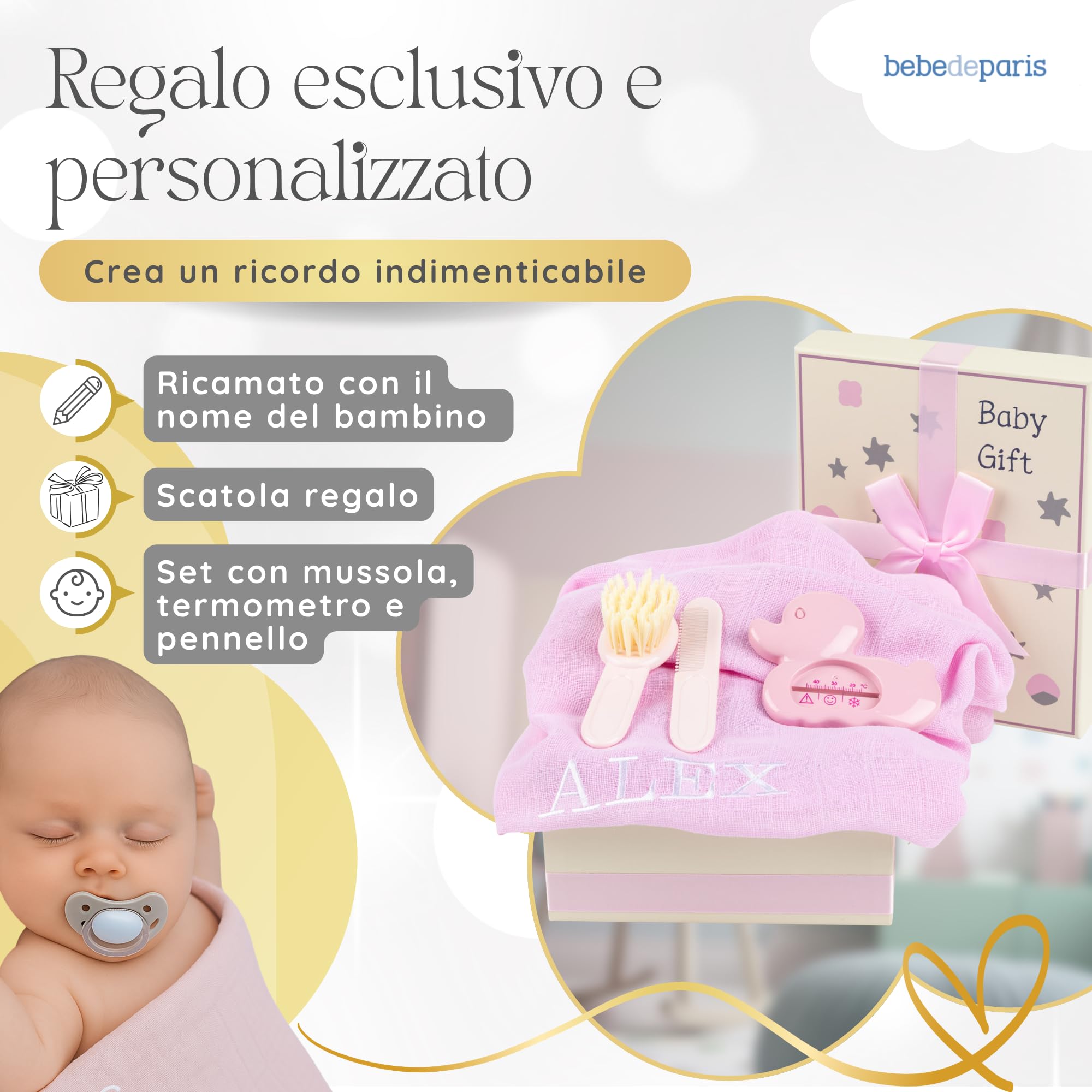 Regalo Neonato Maschio Femmina con Mussola Ricamata | Termometro e Spazzola | Cestino Funzionale per la Cura del Bebè | Cesta Personalizzata (Rosa) | BebeDeParis