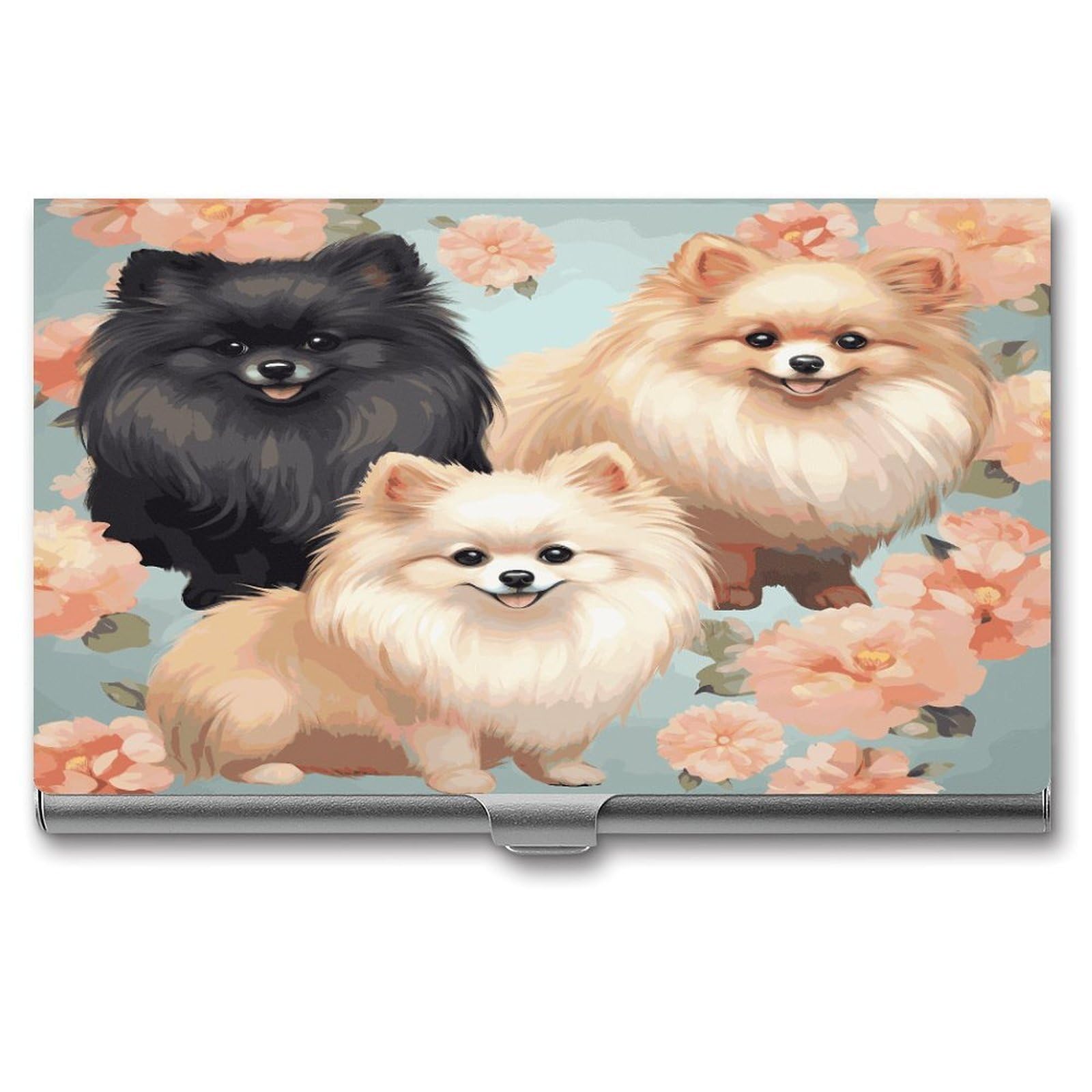 LDGSUPH Pomeranians Pattern Business Card Holder Fashion Slim Name Card Holder Minimalist Design Case Metal Card Carrier Personalized Business Card Case with Flip for Men Women