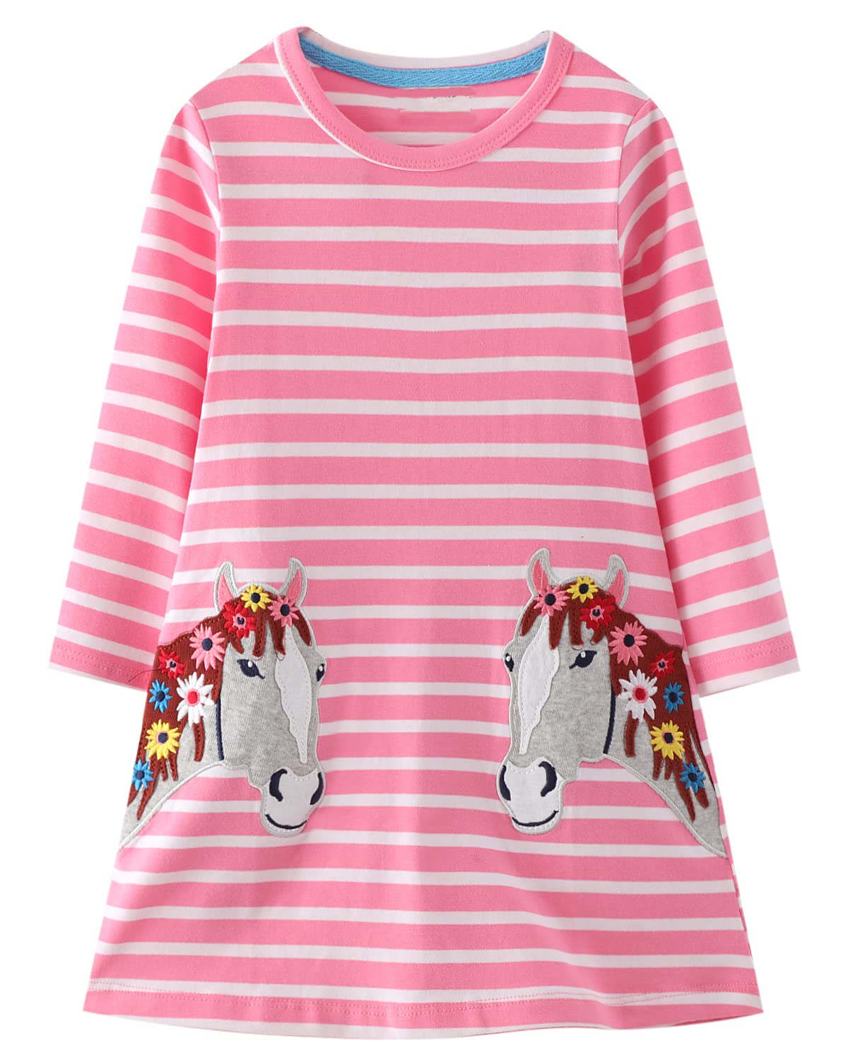 Girls Cotton Long Sleeve Casual Cartoon Appliques Striped Jersey Dresses