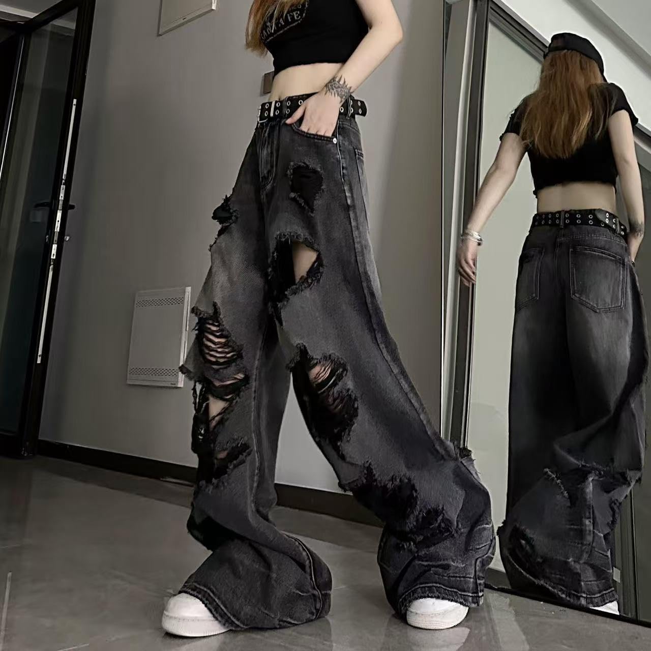 Y2K Ripped Grunge Baggy Jeans Pants Emo Women Goth Straight Leg Pants High Waist Alt 2000s Trousers Clothes - Image 5