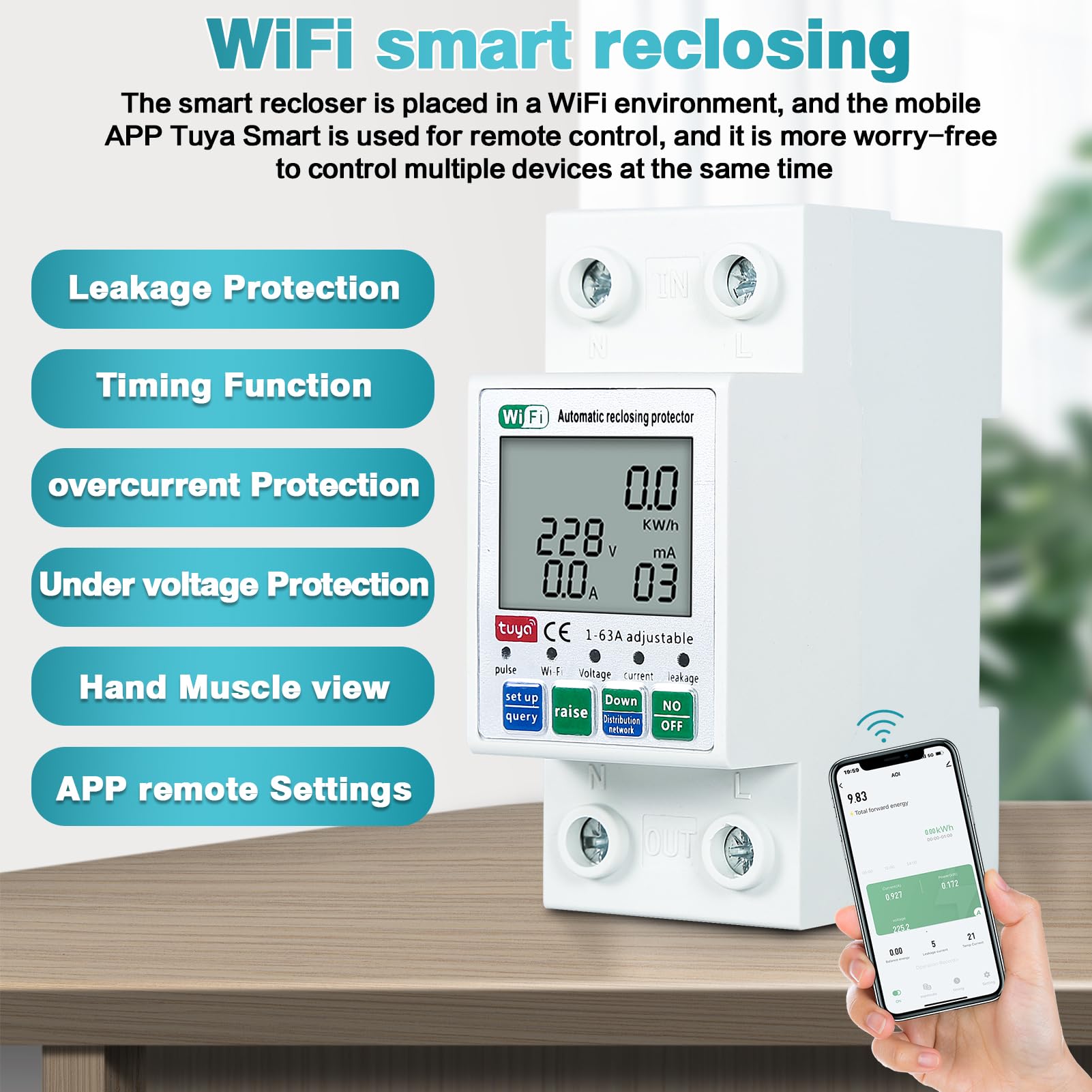 Jadeshay Disjoncteur WiFi Intelligent Interrupteur Connecté, Protecteur de Réenclenchement Intelligent Tuya WiFi Commutateur avec Protection Contre Les Surtensions et Les sous-Tensions