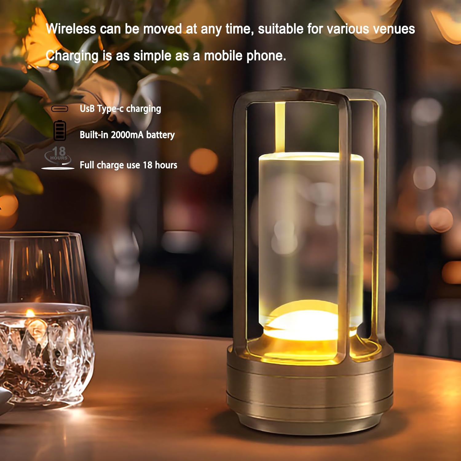 Cordless Table Lamp Rechargeable Portable Metal Touch Small Desk Lamp,Indoor/Outdoor Battery Operated LED Night Light,3Color Stepless Dimming Crystal Lantern Suitable bedrooms,Bars,cafes,Camping,Gold