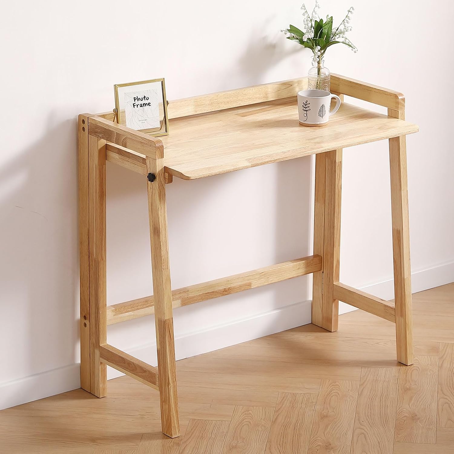 Easy Assembly Folding Desk 31in, Solid Wood Space Saving Desk | 31.5x15.7in Rubberwood, 0.6in; Folds to 30.5x33.5x1.96in; Mortise and Tenon; Rounded Corners; Natural; 15-Min Assembly