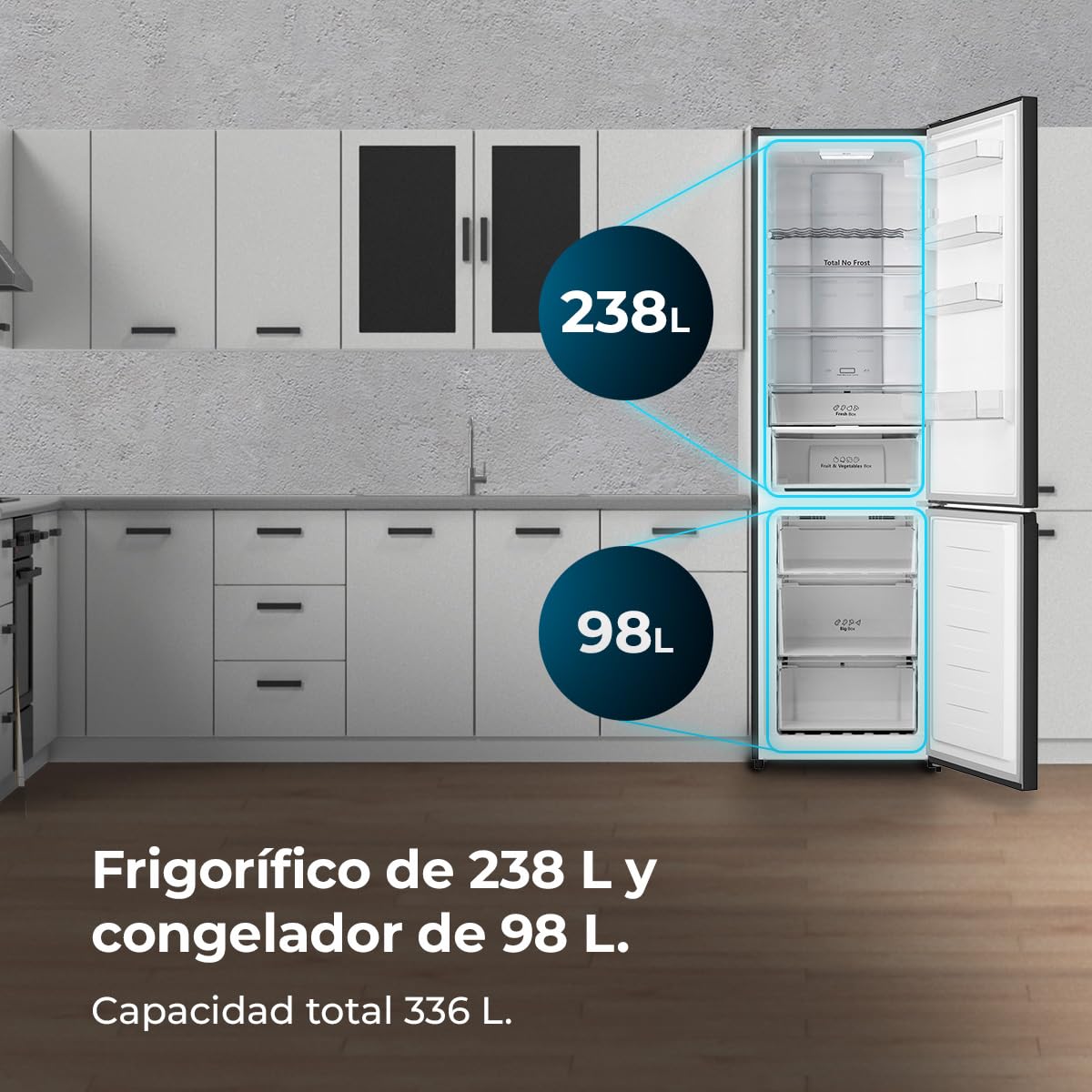Cecotec Réfrigérateur Combi Total No Frost 336L Bolero CoolMarket Combi 336 Inox A. 201cm Hauteur, Fresh Flex, Humidity Flex, Compresseur Inverter Plus, Basse Consommation, Multi AirFlow, Mode Smart