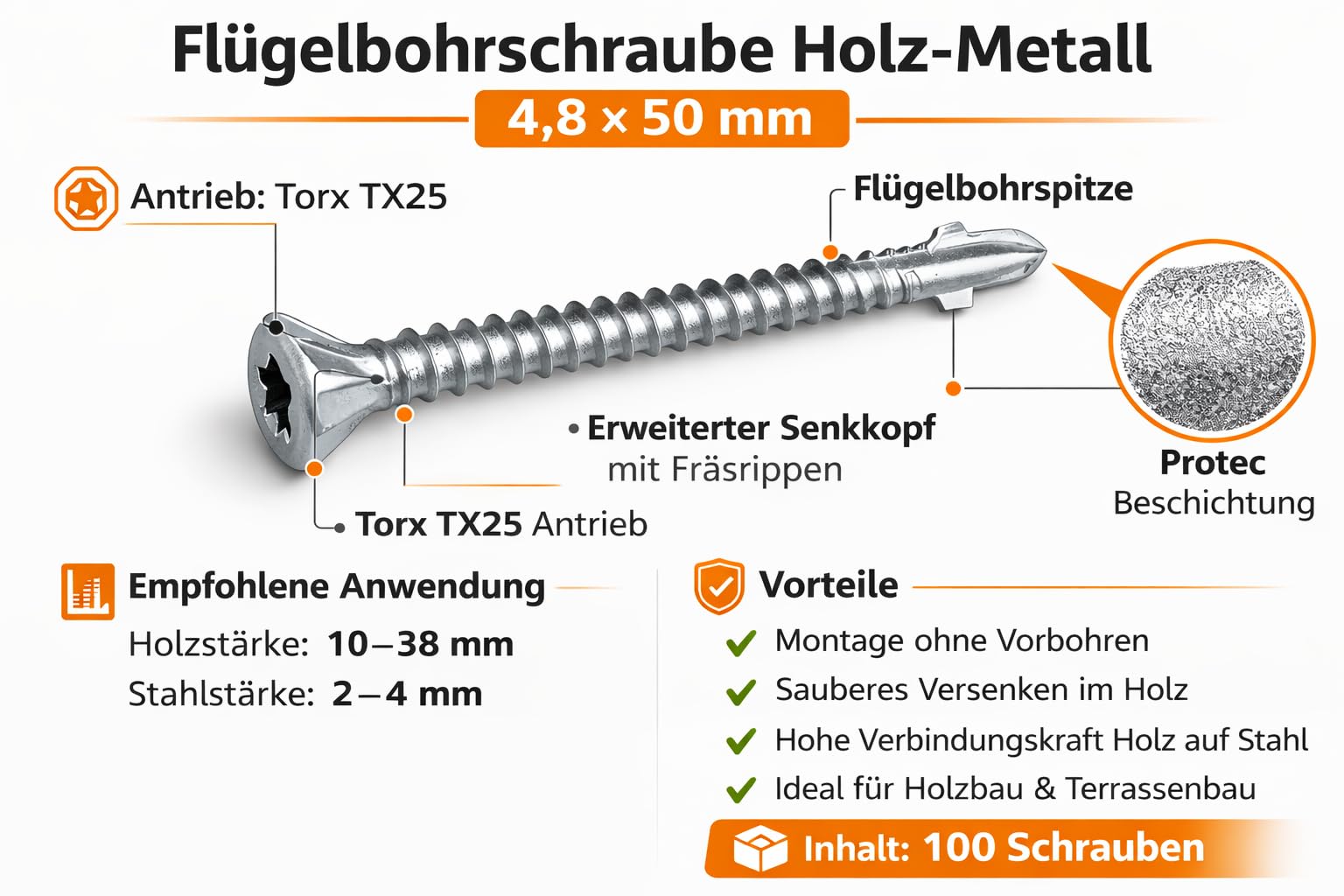 Simpson Strong-Tie wkręty do wiertarki skrzydłowej, 4,8 x 50 mm, TX25 Protec, wkręty samowiercące do drewna na metalu, łeb wpuszczany z frezującymi żebrami, napęd Torx, odporne na korozję, 100 sztuk