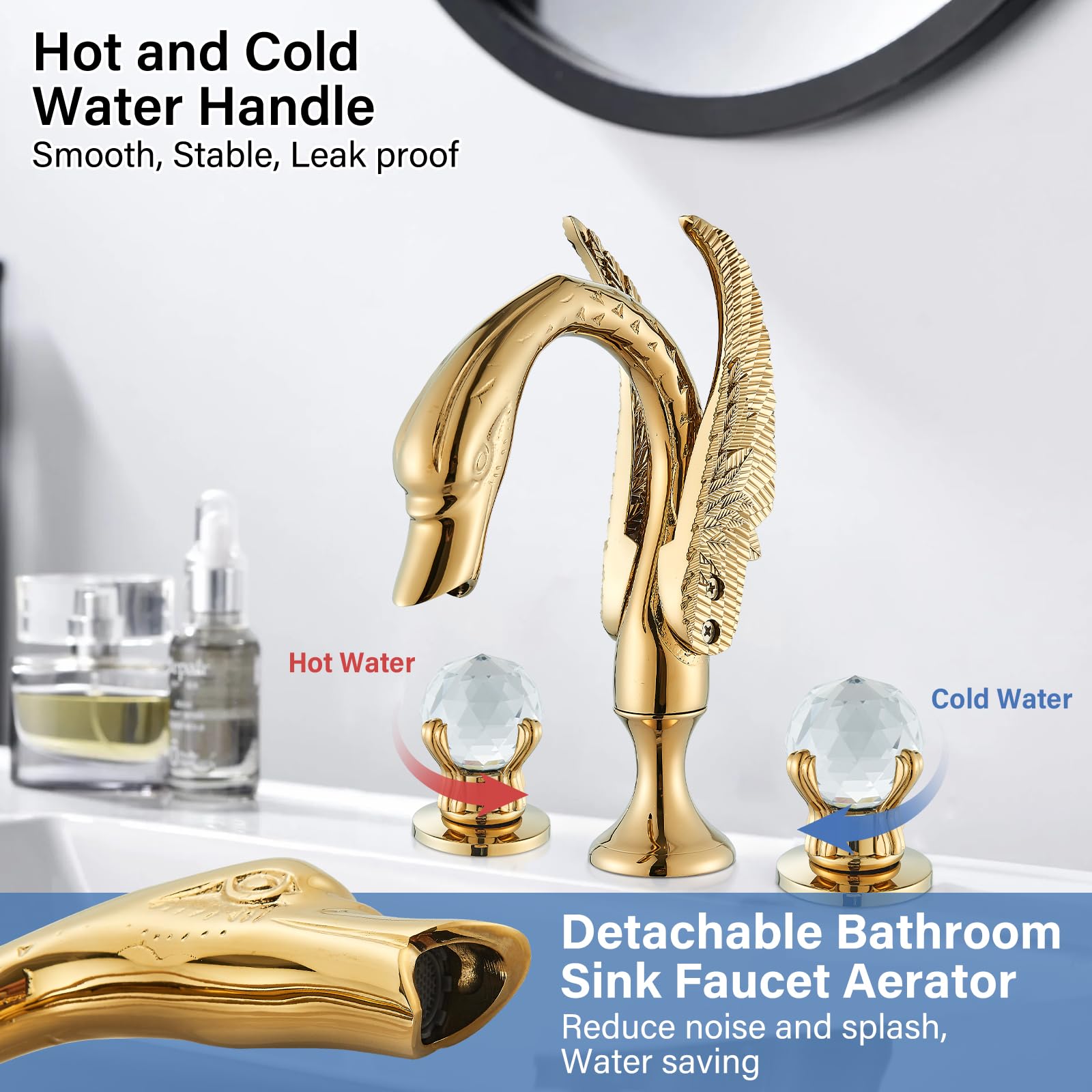 Widespread Bathroom Facuet Gold Swan Bathroom Sink Faucet 3 Hole 2 Handle Crystal Bathroom Vanity Faucets Modern Faucet — view 4