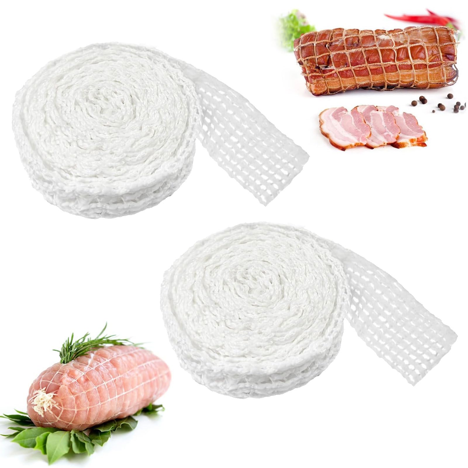 LNGJIN Rete per prosciutto, 10 m, colore bianco, rete per arrosti, rete per prosciutto, 16 fori, rete elastica per involtini, carni e prosciutto, bianco