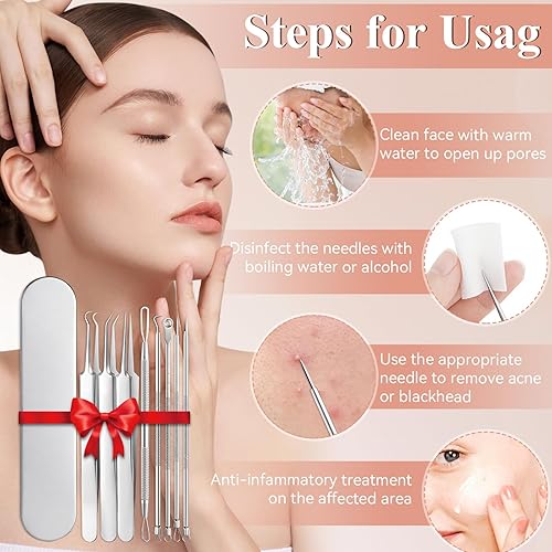 Miniatura 6 de Kit de 8 herramientas para eliminar puntos negros, juego de eliminación de acné de acero inoxidable de grado médico con pinzas y agujas, extractor
